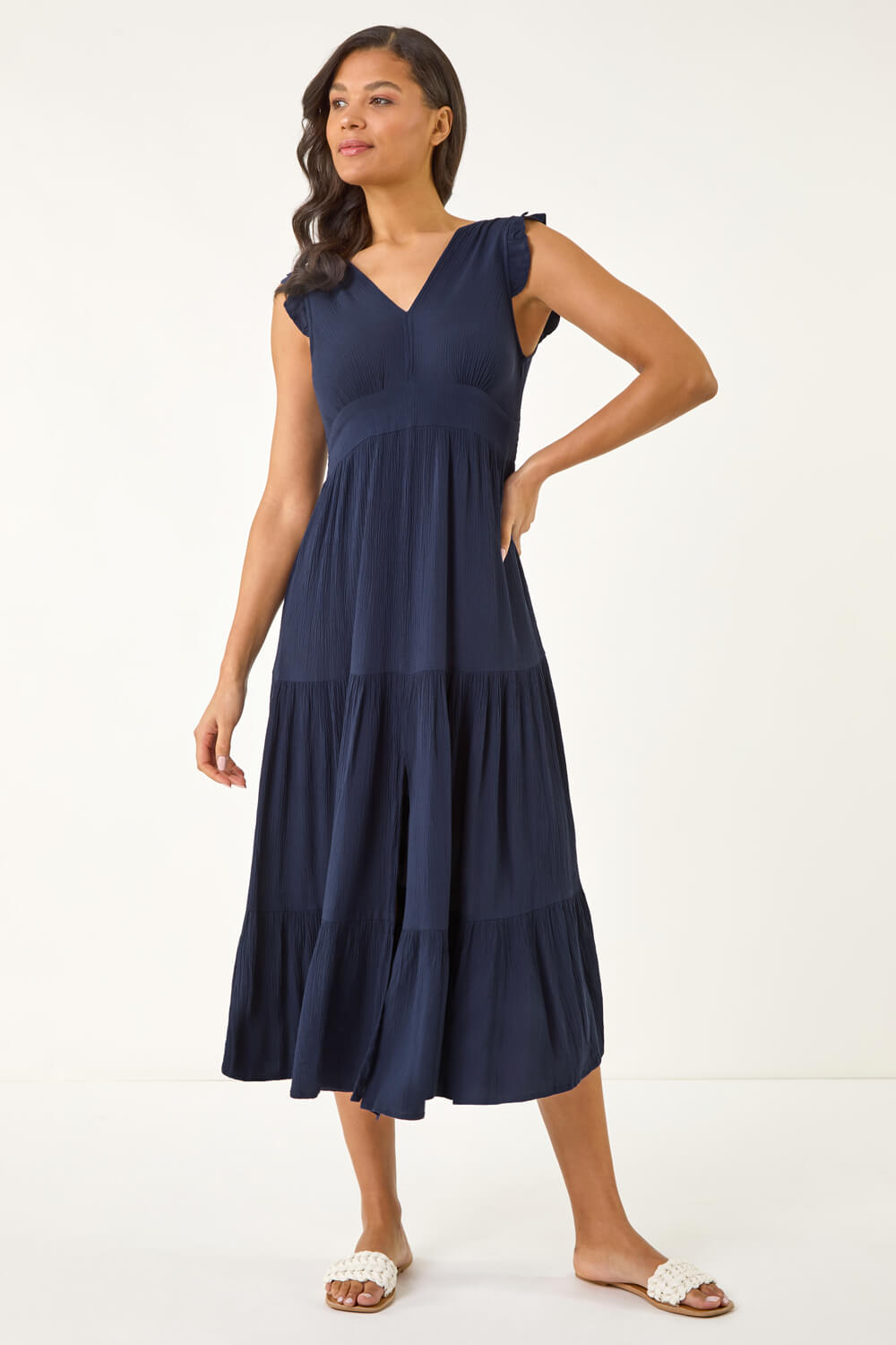 Navy Crinkle Tiered Frill Maxi Dress, Image 3 of 5