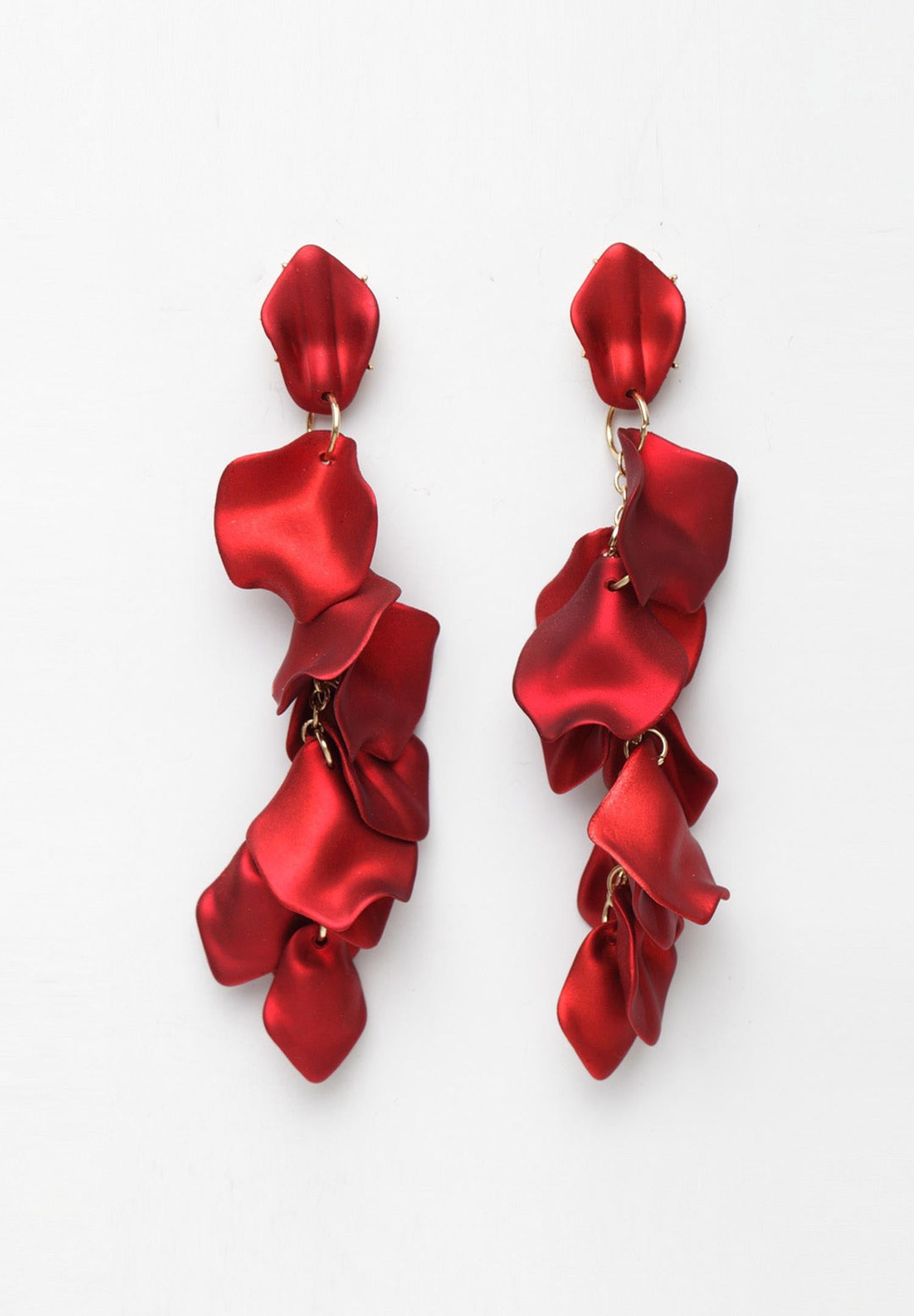 Purple Dark Green Rose Petal Shaped Danglers Earrings.