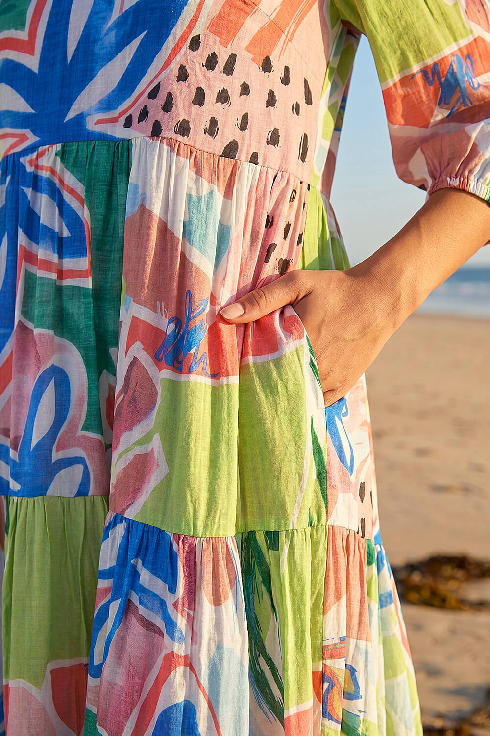 Blue Abstract Print Tiered Dress, Image 5 of 4