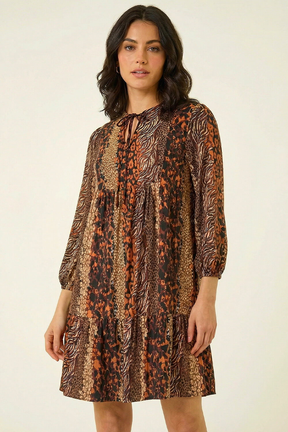 Tan Abstract Print Smock Stretch Dress, Image 6 of 6