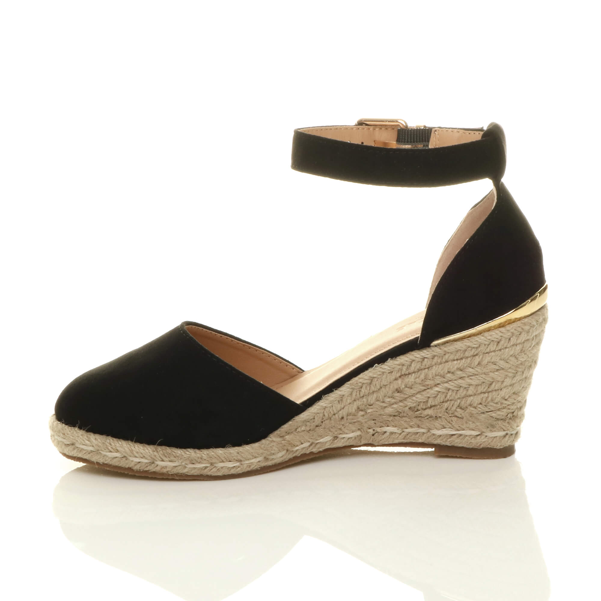 Black AJVANI Black Mid Wedge Heel Ankle Strap Espadrille Sandals, Image 3 of 6