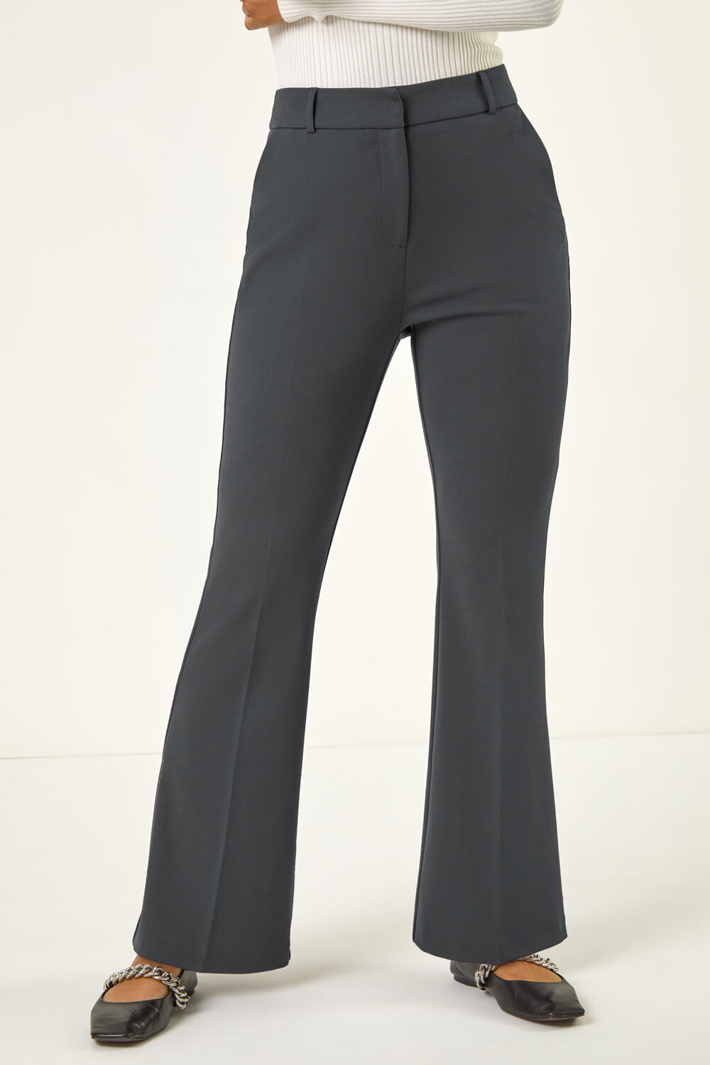 Dark Grey Short Bootcut Stretch Trousers, Image 5 of 5
