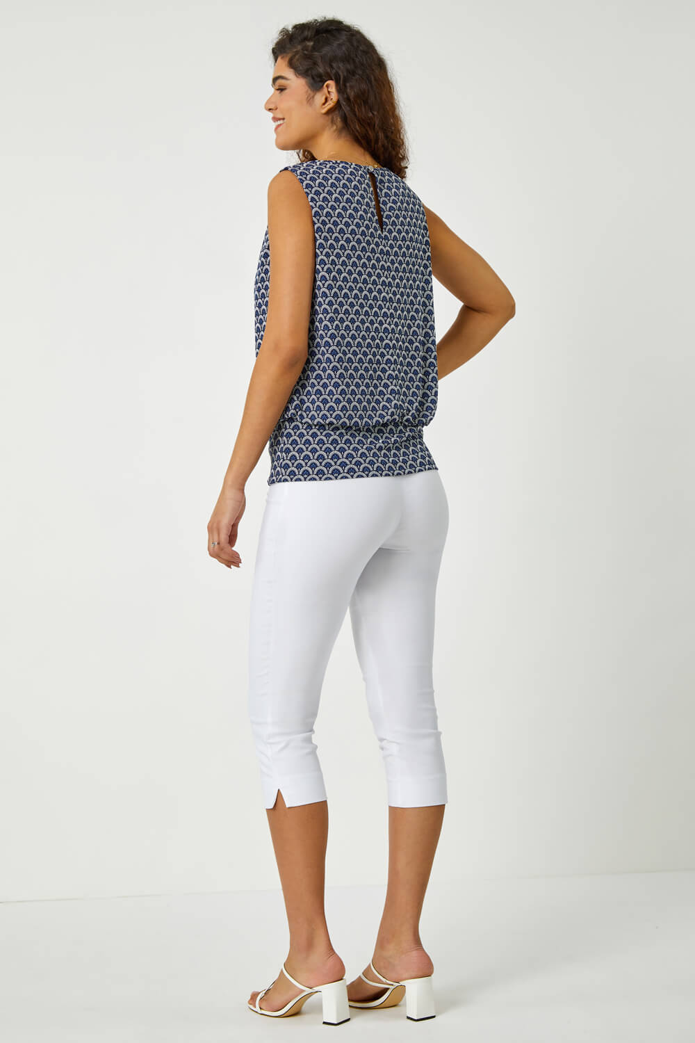 Blue Geometric Print Blouson Stretch Top, Image 4 of 5