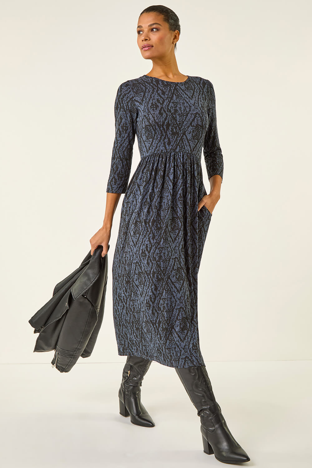 Roman Women's Grey Abstract Print Midi Dress Size 16