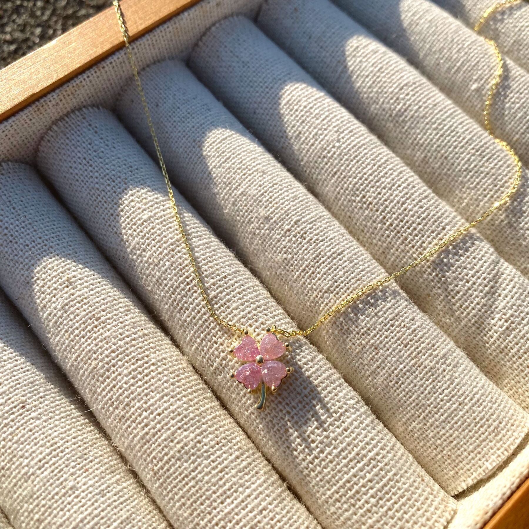 Gold Four Leaf Clover Sterling Silver Necklace - Pink, Image 2 of 3