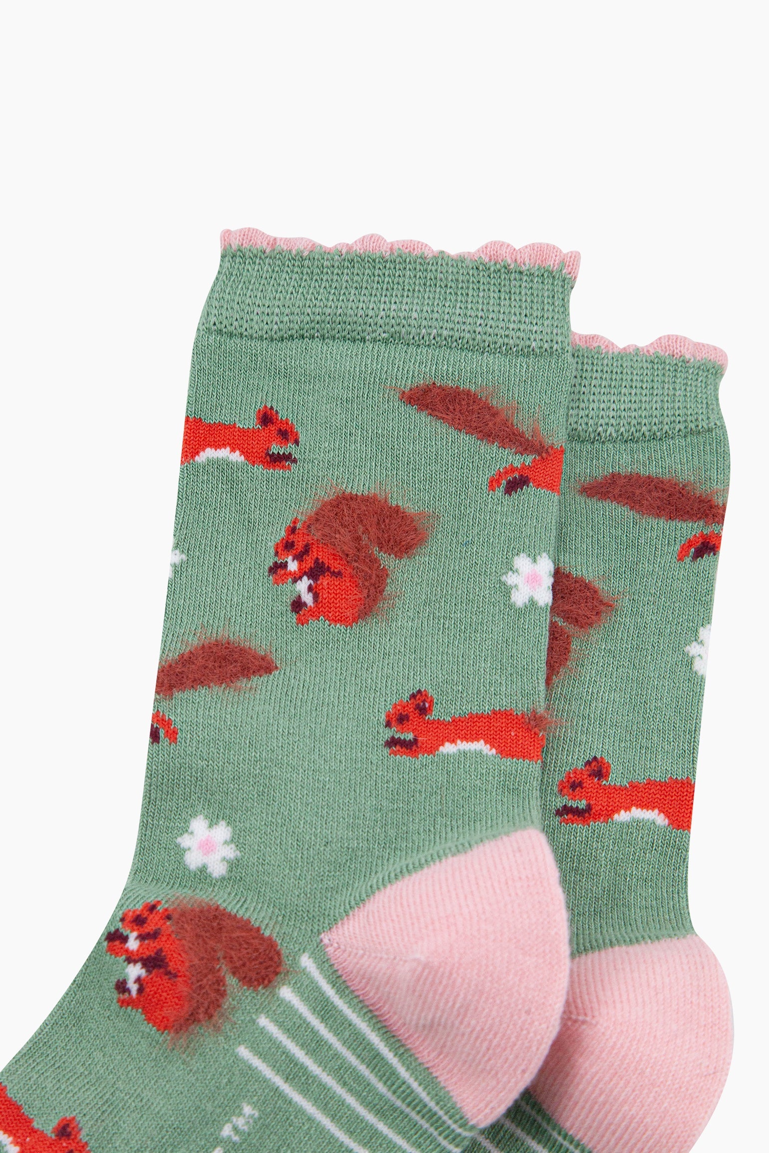 Mint Squirrel Floral Fluffy Bamboo Socks in Green, Image 2 of 4