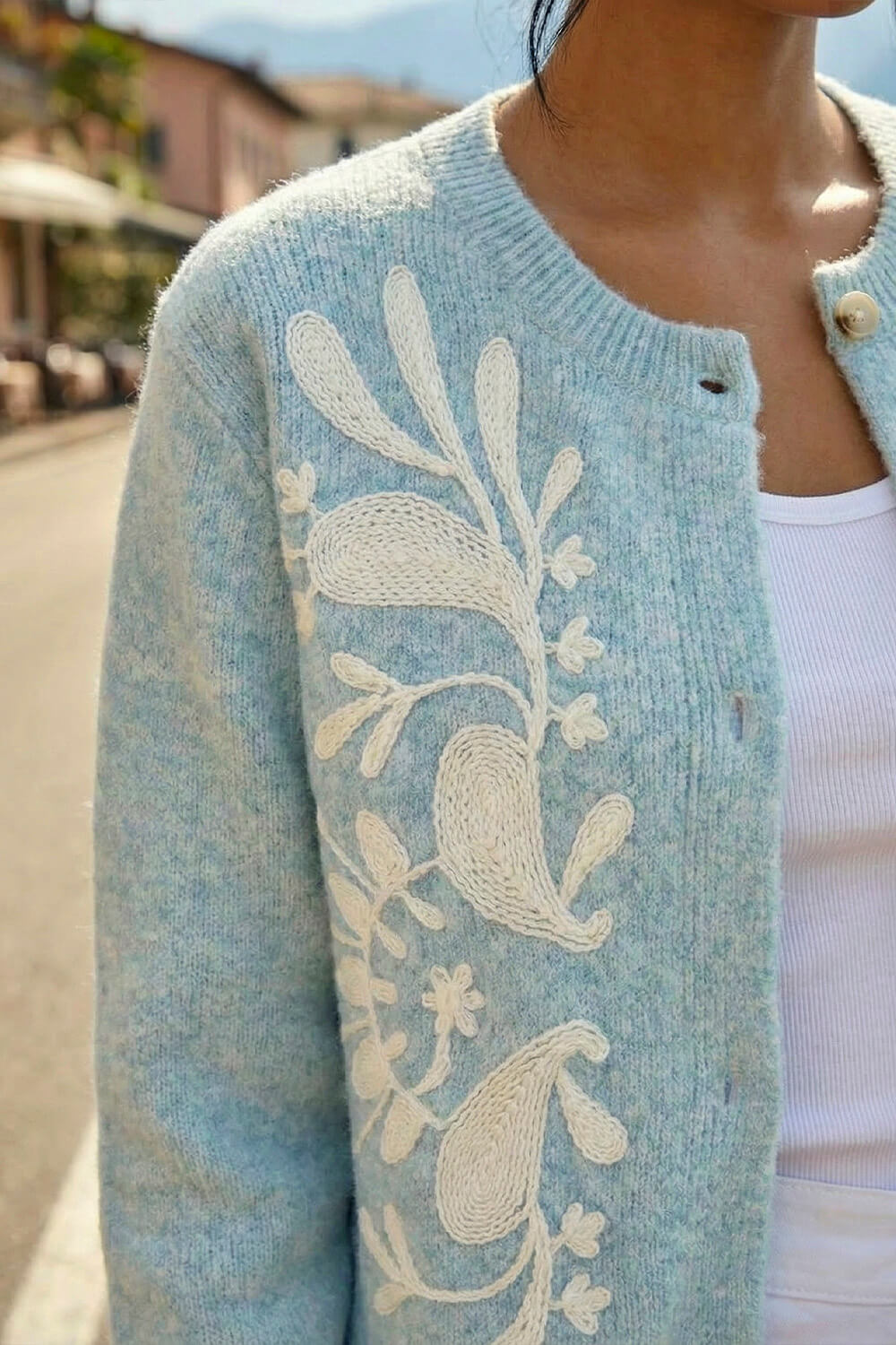 Light Blue Floral Buttoned Knit Cardigan, Image 5 of 4