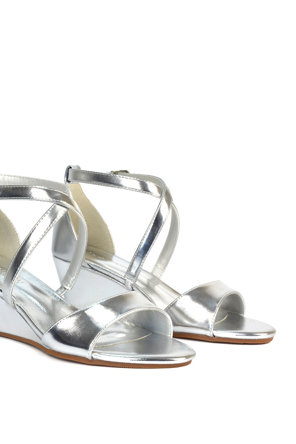 Silver XY LONDON Silver 'Kylie' Strappy Sandal Wedge Heels With Ankle Strap, Image 6 of 6