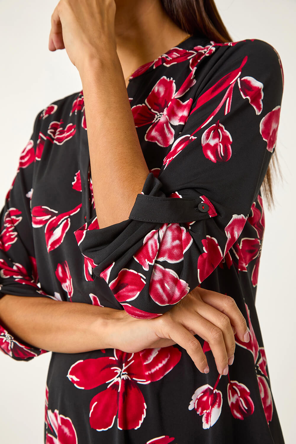 Red Textured Floral Print V-Neck Stretch Shirt, Image 6 of 5
