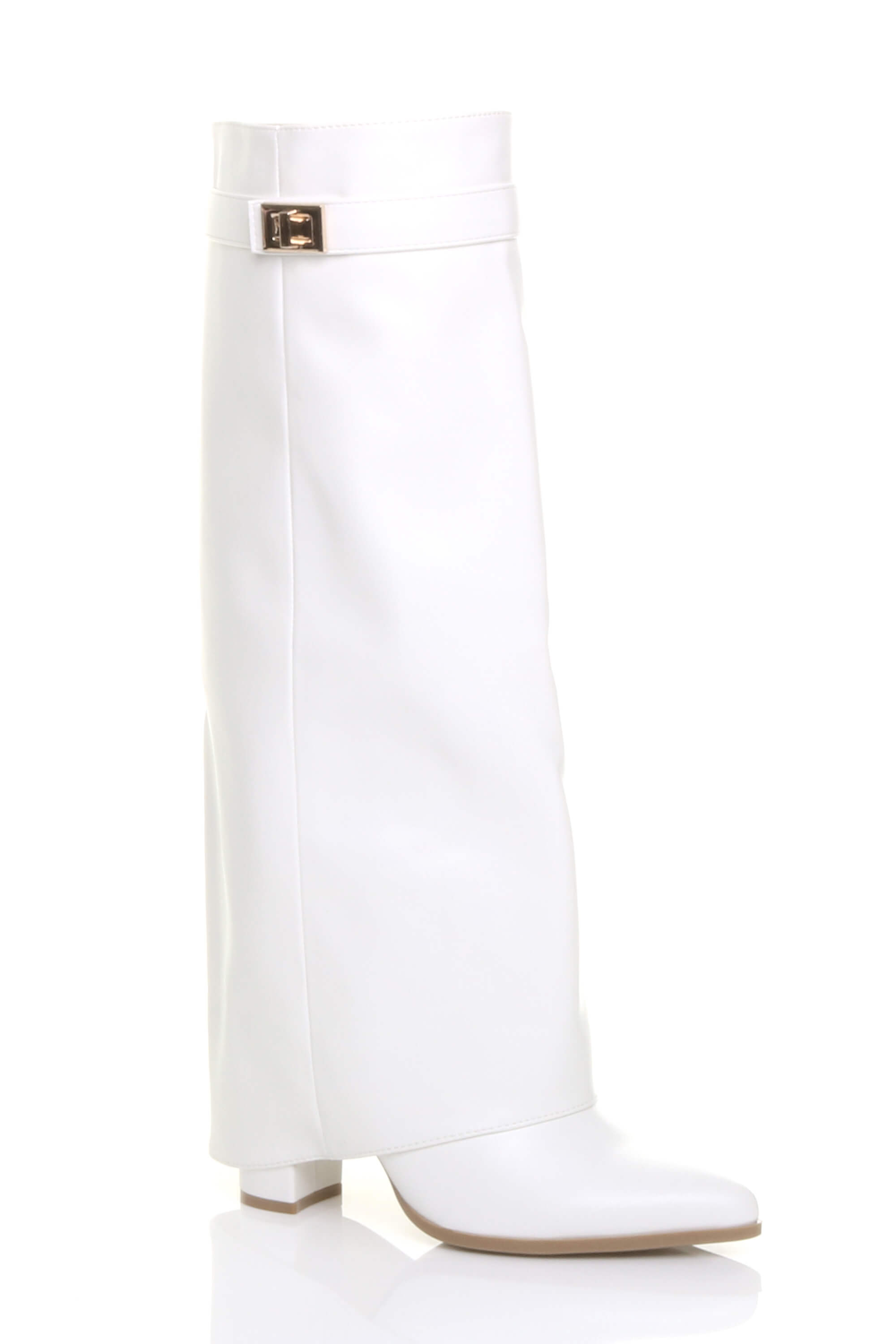 White AJVANI White High Block Heel Pointed Toe Fold Over Knee Boots, Image 2 of 4