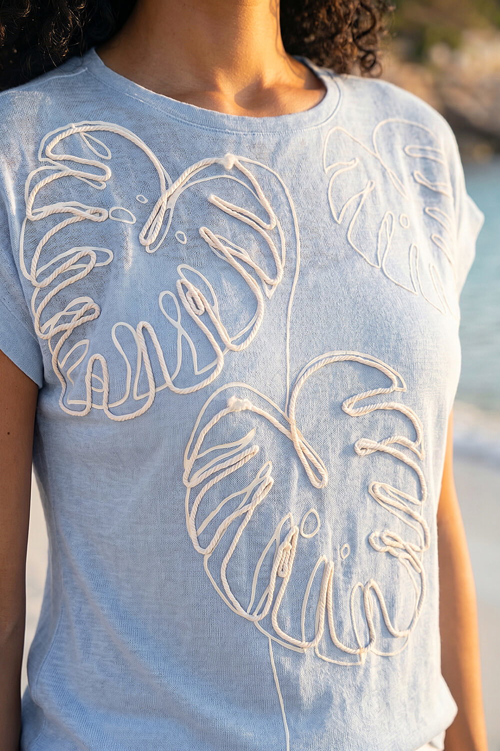 Light Blue Embroidered Leaf T-Shirt, Image 5 of 4