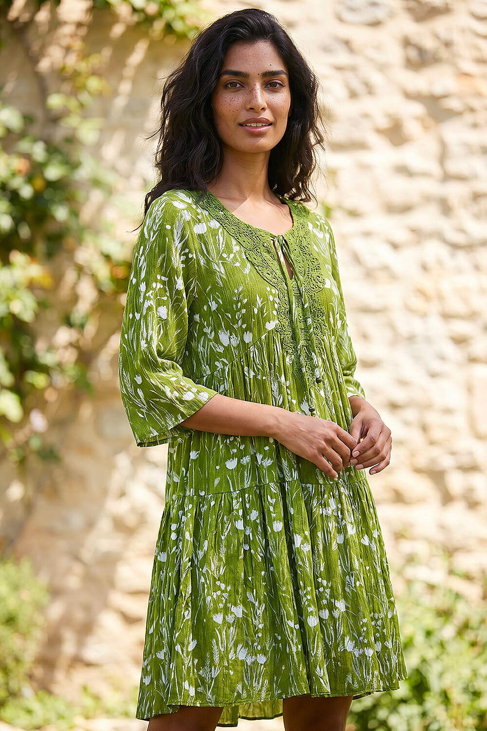 Khaki Floral Print Lace Detail Smock Dress | Roman UK