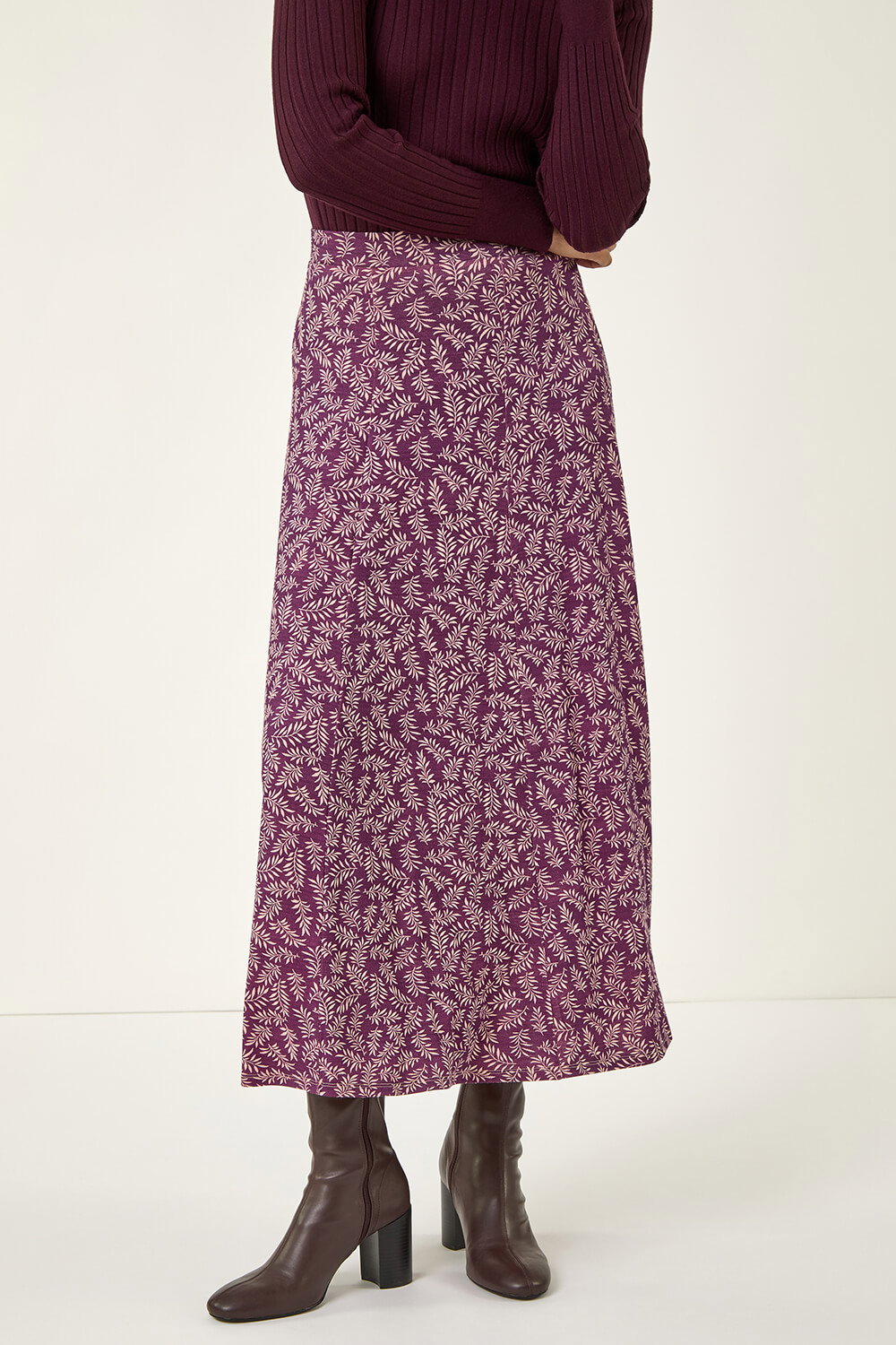 Roman Women's Bordeaux Spring Leaf Stretch Midi Skirt Size 14
