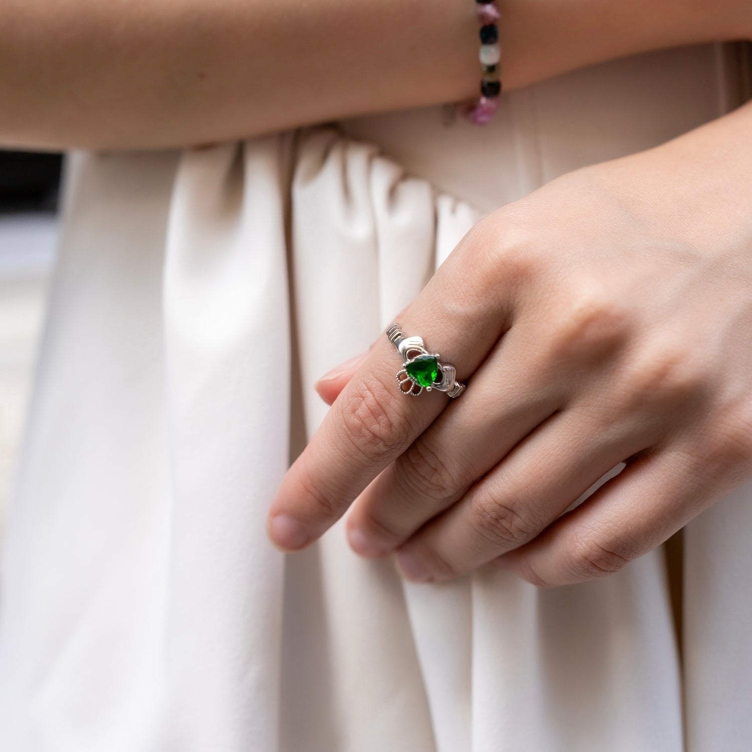 Silver Sterling Silver Green Claddagh Ring, Image 2 of 8