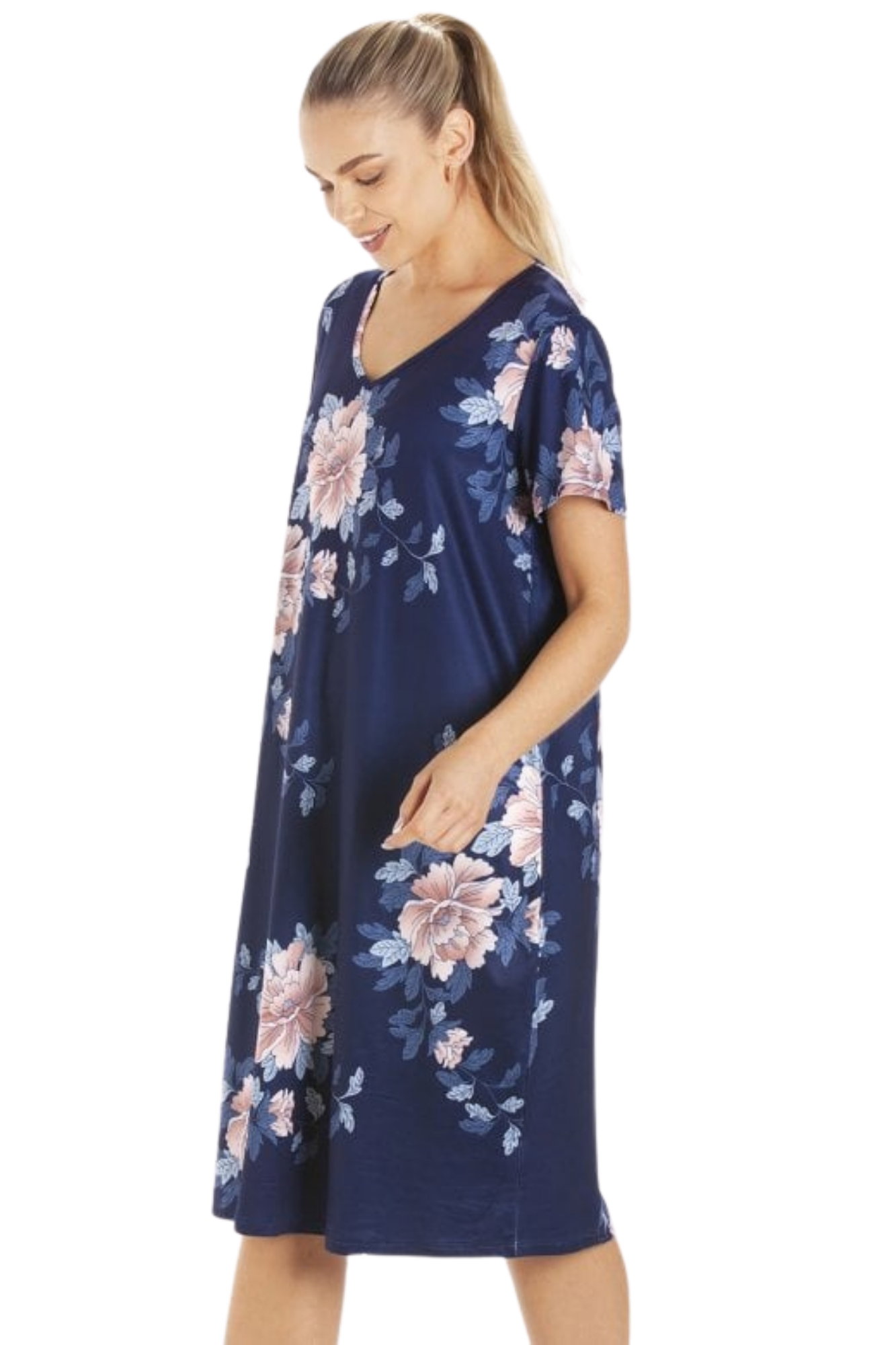 Navy Lightweight Floral Print Nightdress, Image 2 of 5
