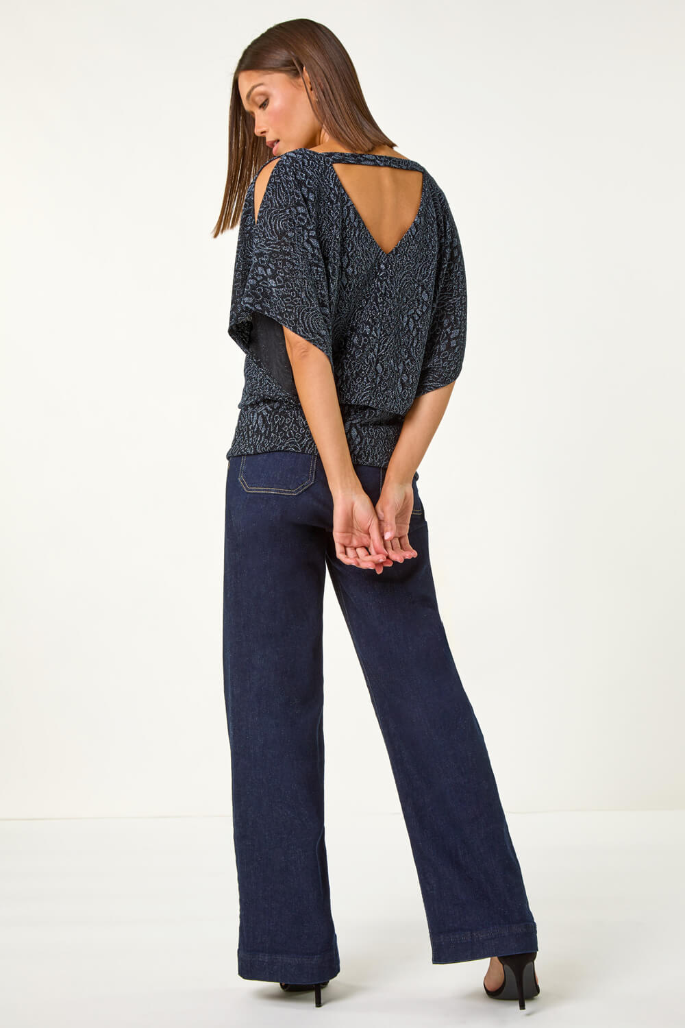 Midnight Blue Glitter Animal Print Banded Hem Stretch Top, Image 4 of 5