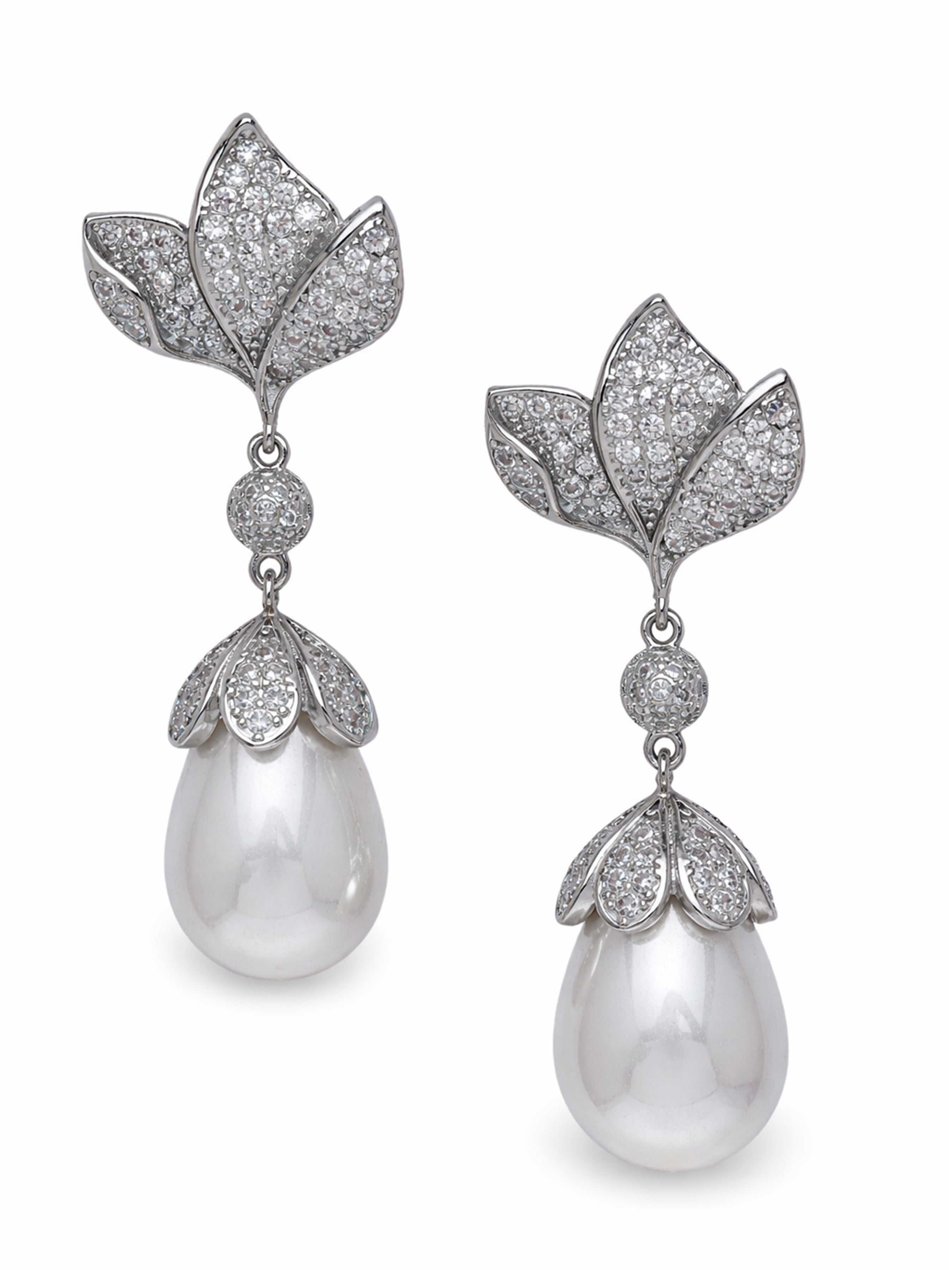 Metallic Leaf Pavé Pearl Drop Earrings
