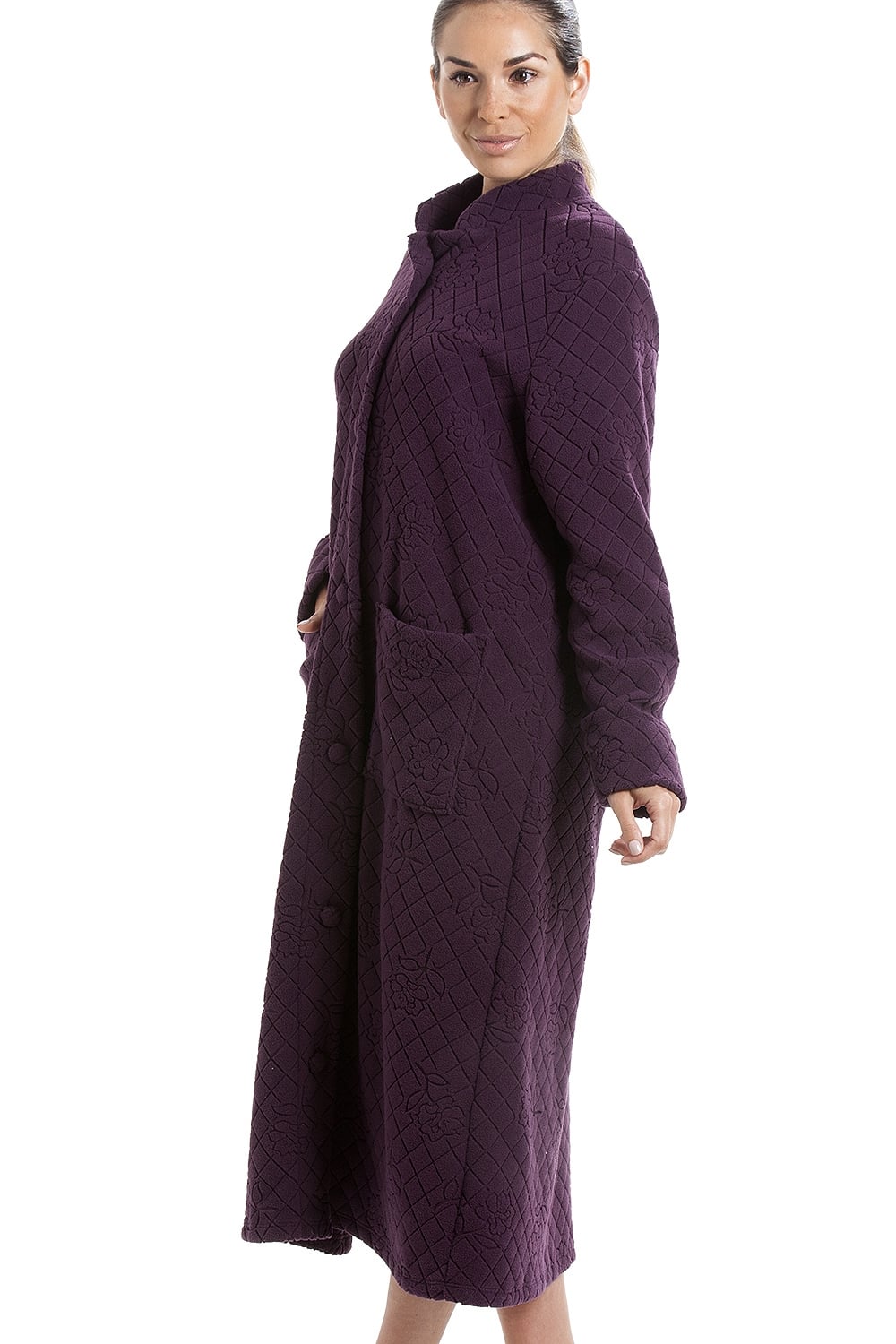 Purple Soft Fleece Floral Button Up Housecoat, Image 3 of 5