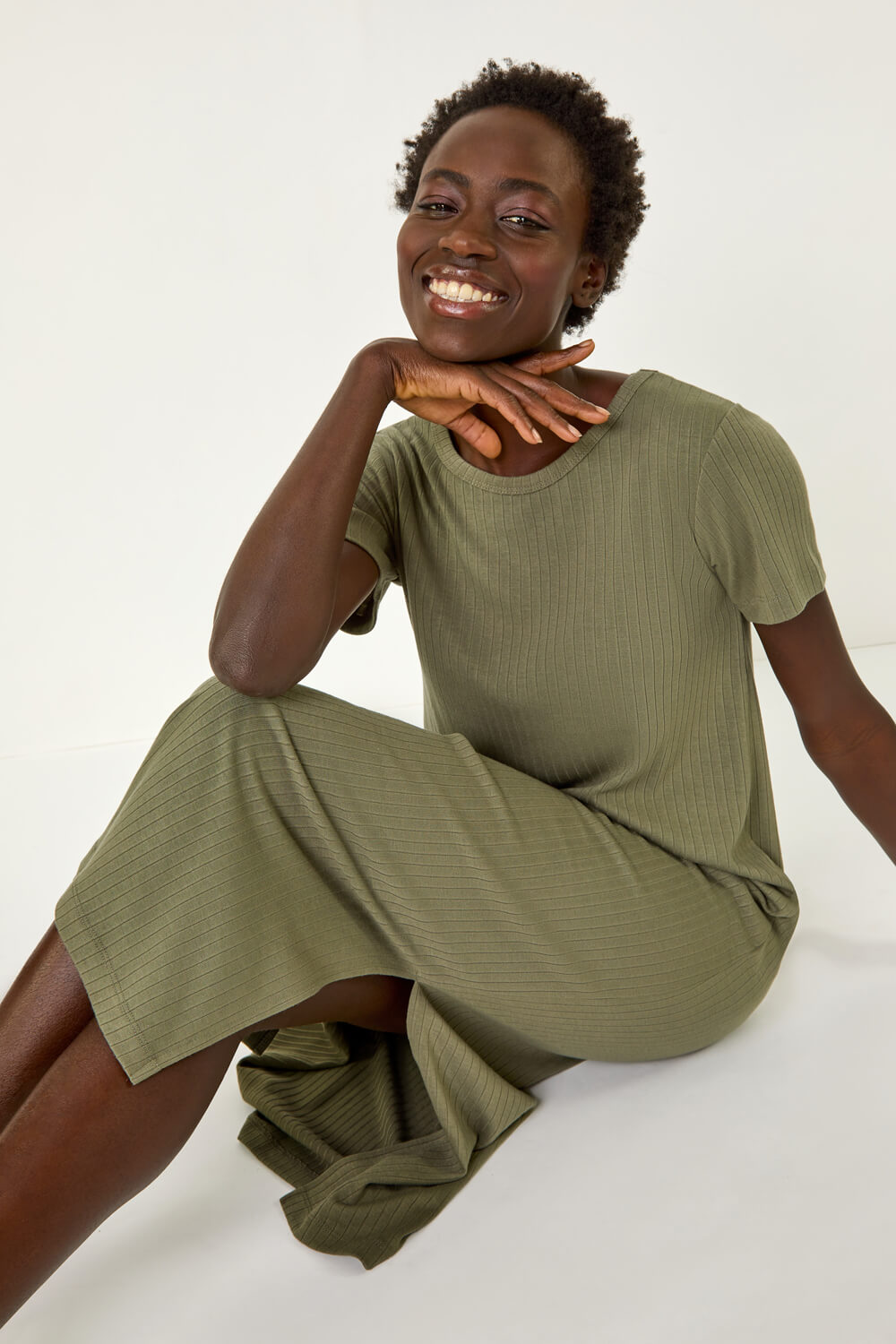 Roman Women's Khaki Ribbed Stretch Midi Dress Size 20