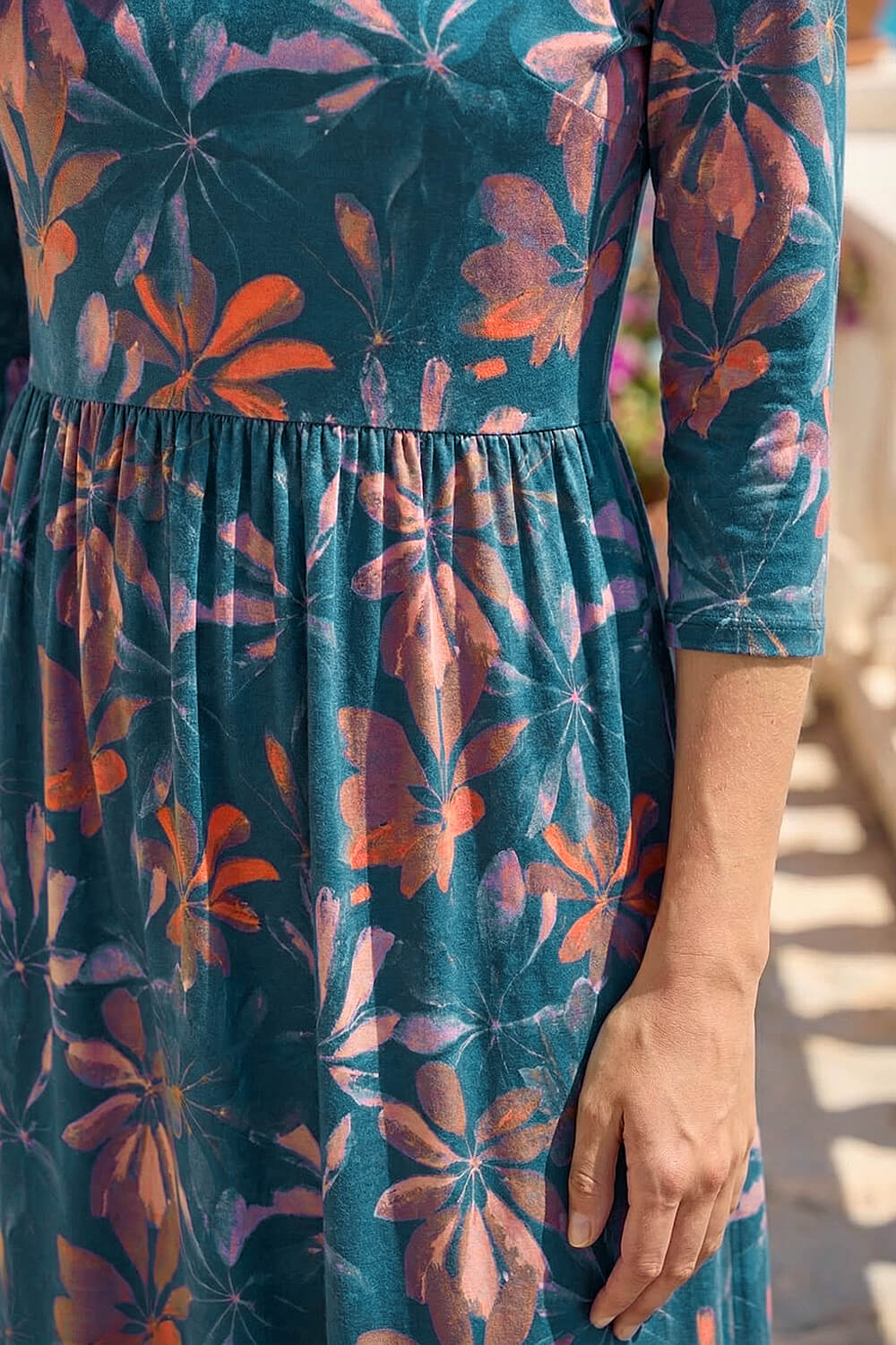 Navy  Floral Print Stretch Midi Dress, Image 5 of 4