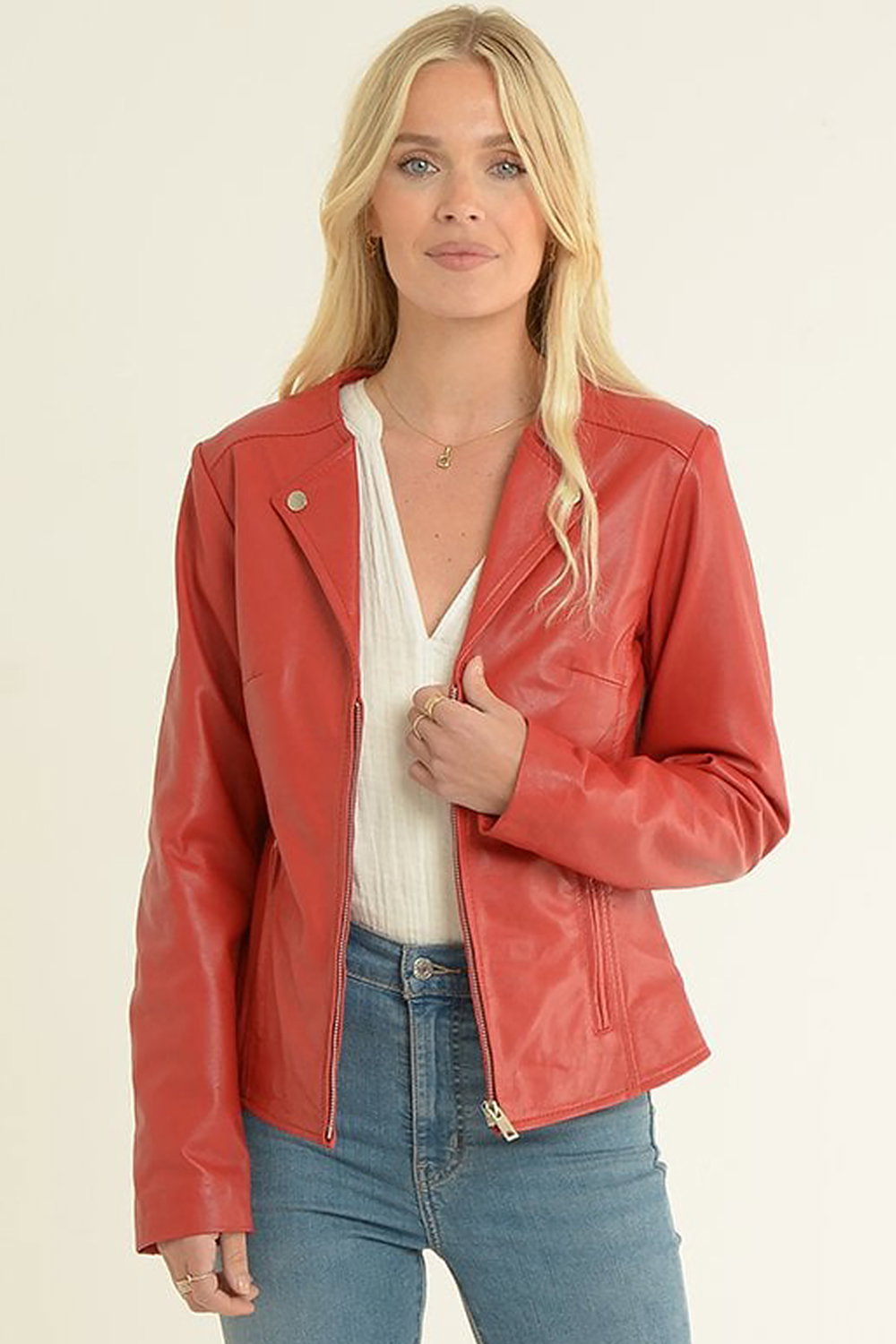 Red 'MB' Real Leather Fashion Biker Jacket, Image 1 of 5