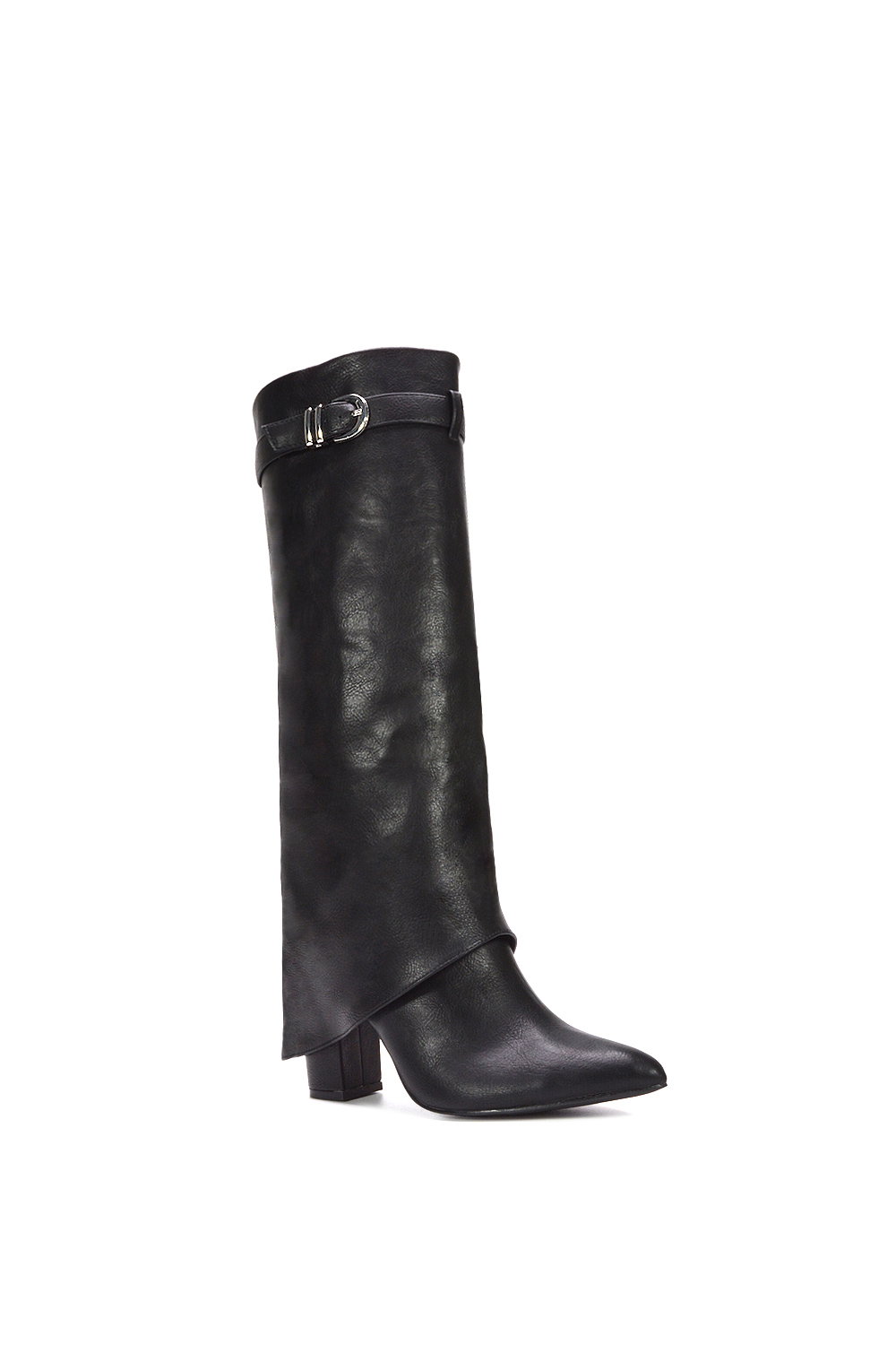 Black XY LONDON Black 'Aaliyah' Fold Over Boots Block Heel Buckle Point Toe, Image 2 of 7