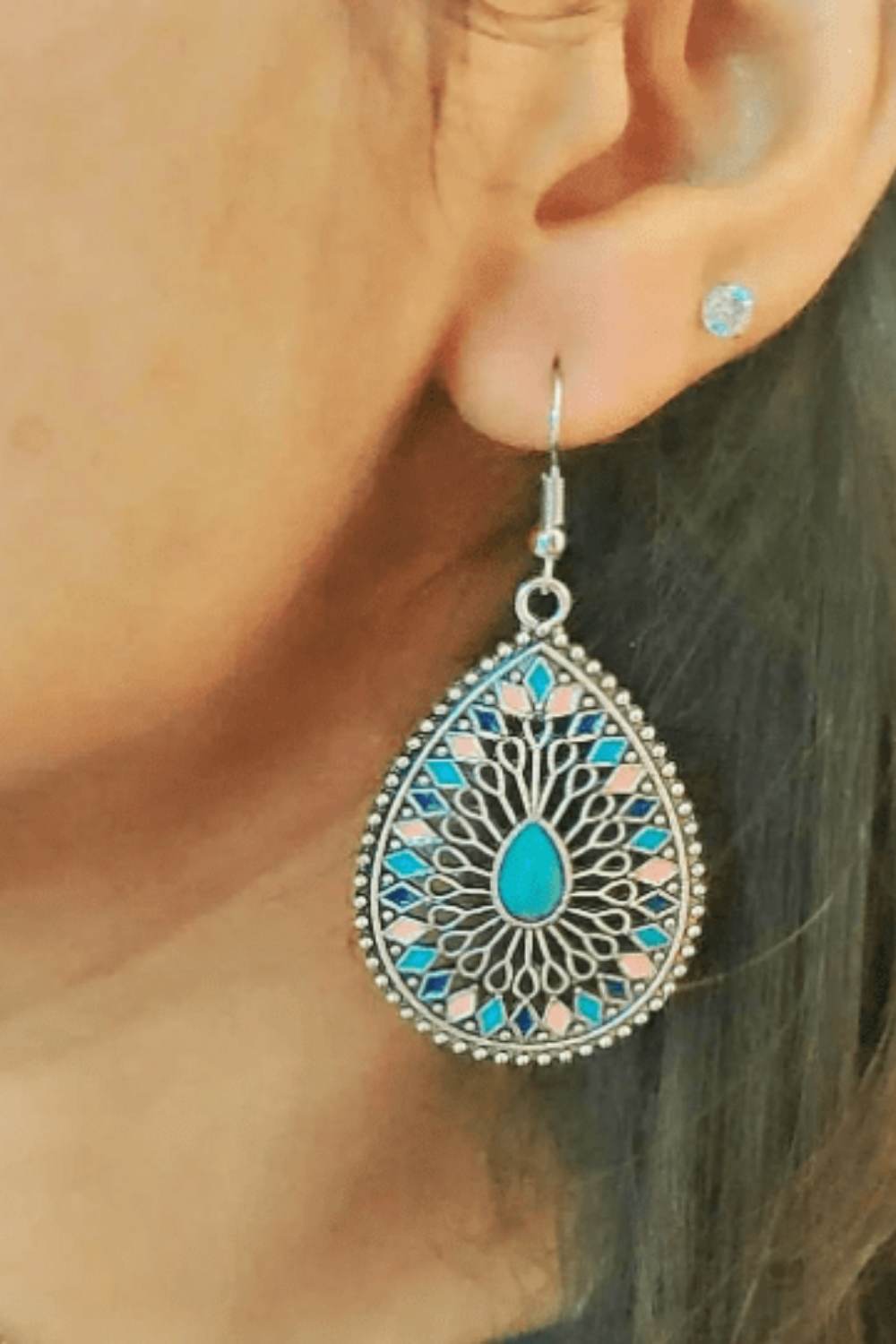 Blue Large Mandala Floral Turquoise Enamel Boho Teardrop Dangler, Image 3 of 3