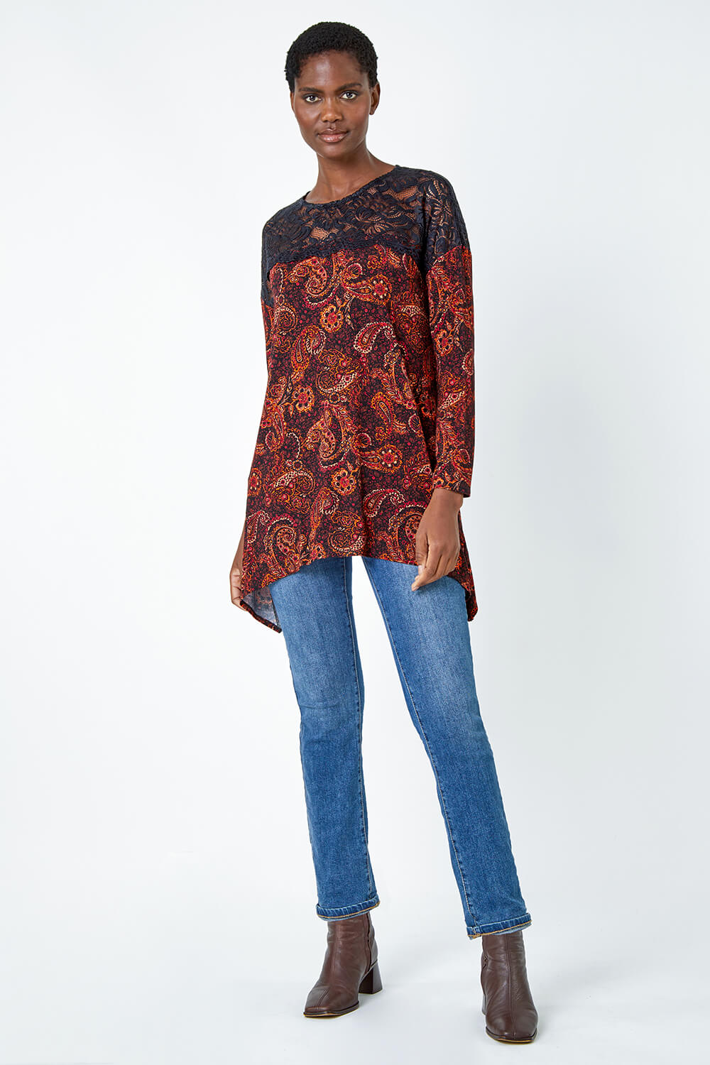 Red Lace Detail Paisley Print Stretch Top , Image 3 of 5