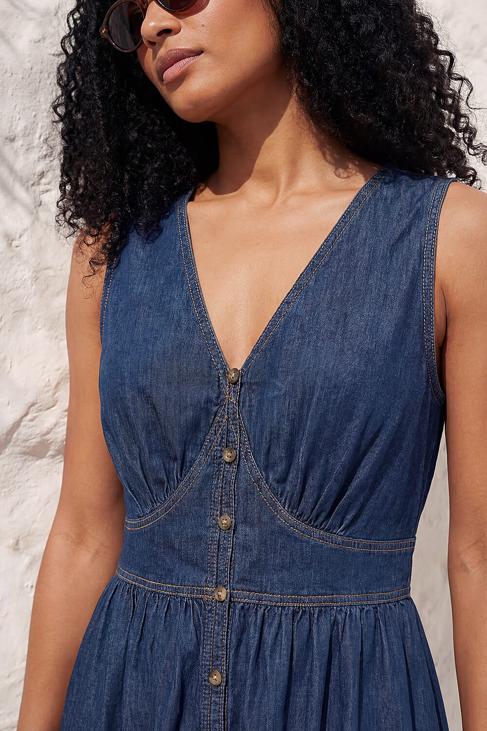 Denim Cotton Button Detail Midi Dress, Image 5 of 4