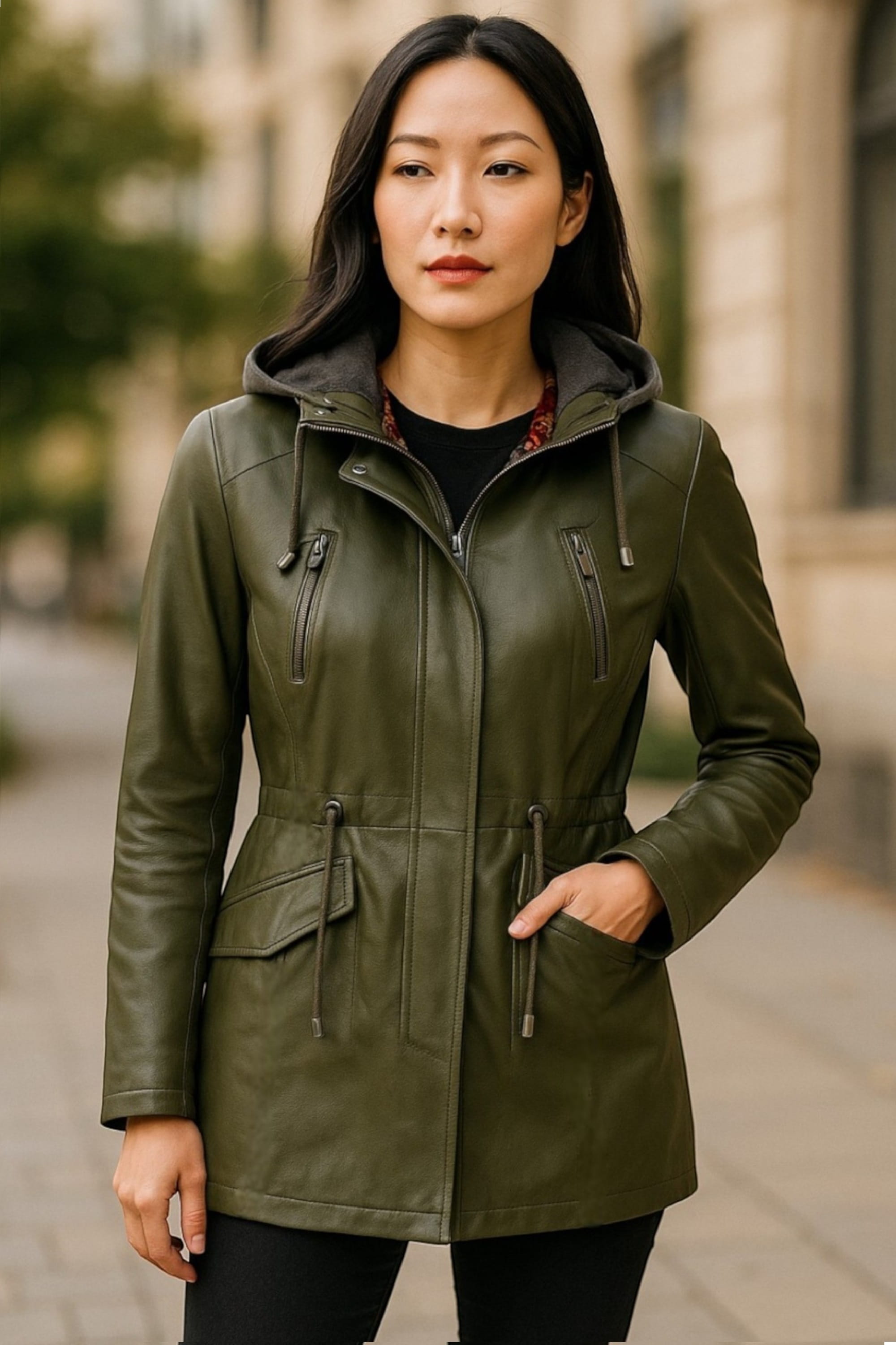 Green Leather Hooded Parka Jacket-Clare, Image 1 of 6