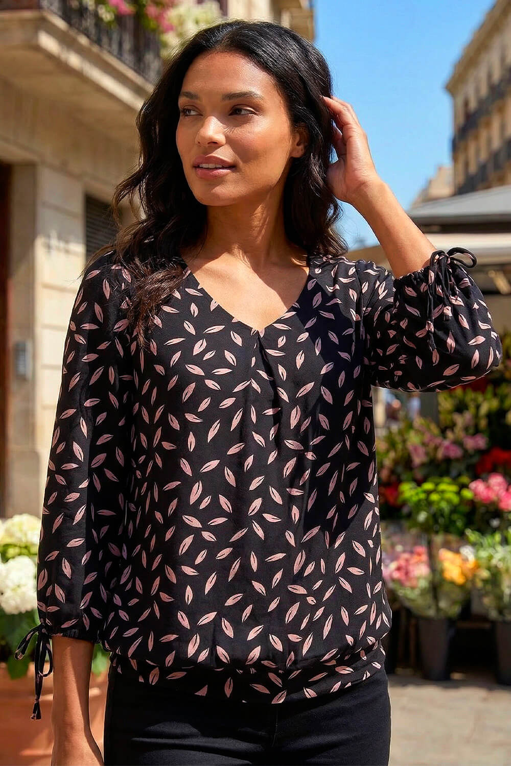 Black Leaf Print Banded Stretch Top, Image 1 of 4