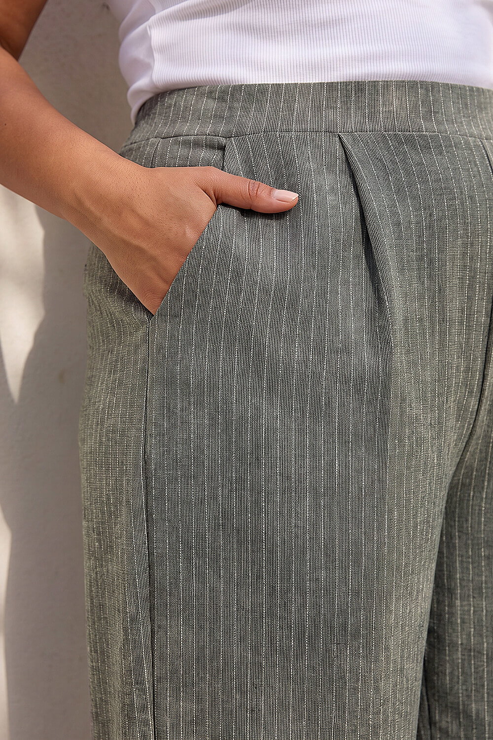 Dark Grey Curve Pinstripe Elastic Waist Trouser , Image 5 of 4