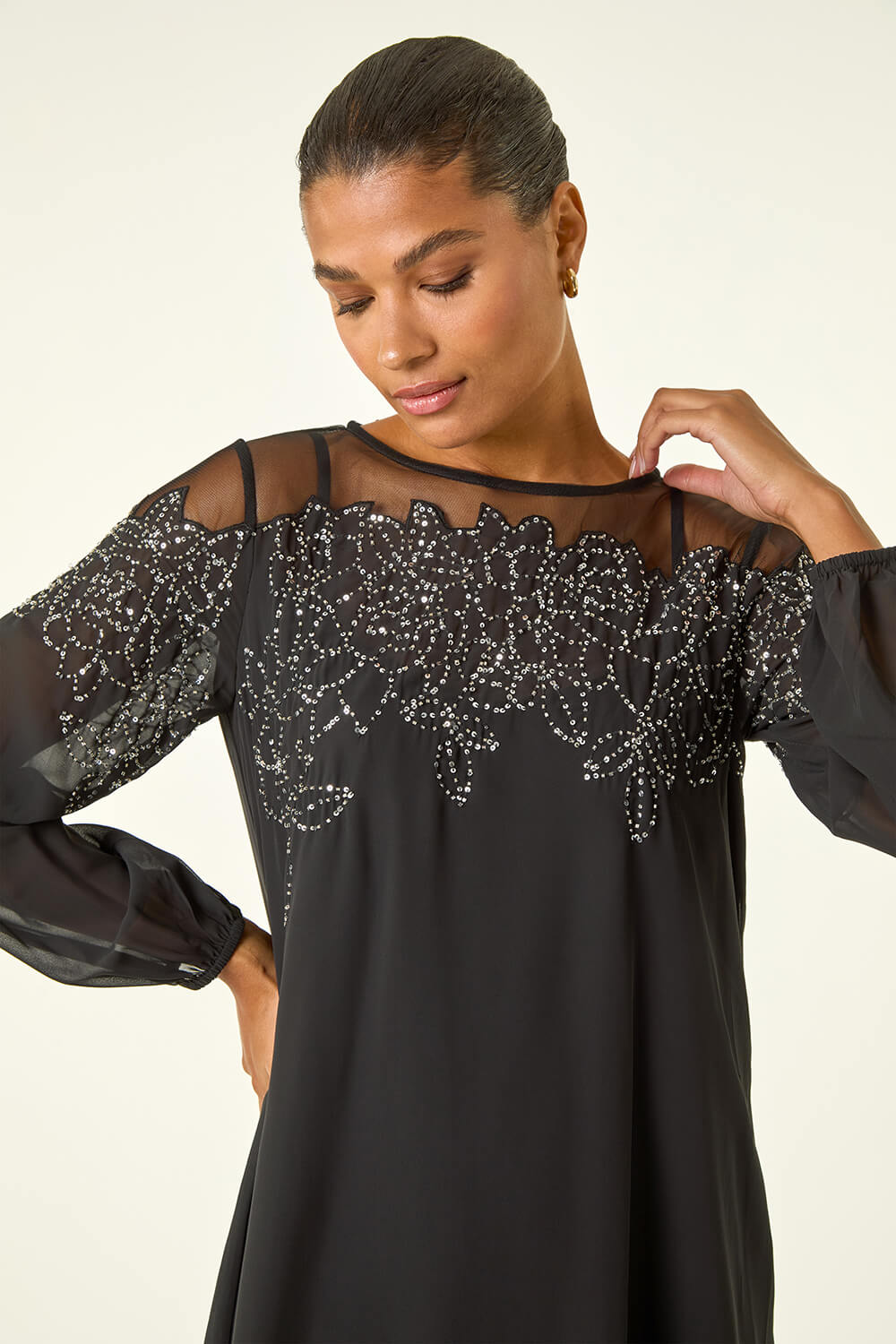 Black Sequin Mesh Neck Sequin Dress, Image 5 of 7