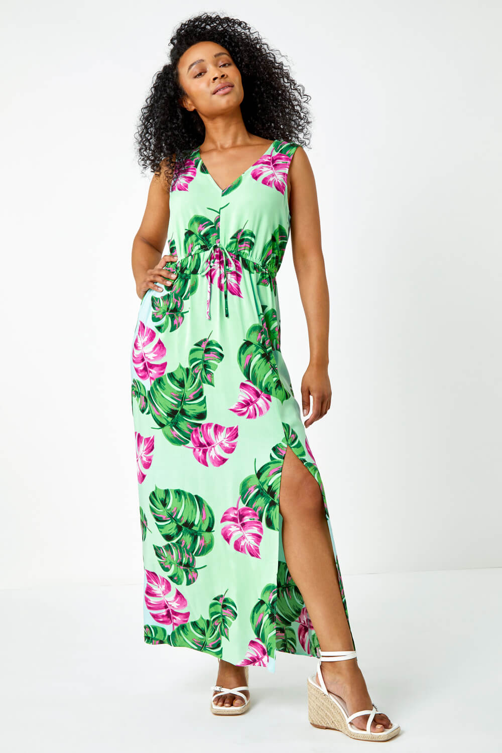 Blue Petite Palm Print Stretch Maxi Dress, Image 3 of 5