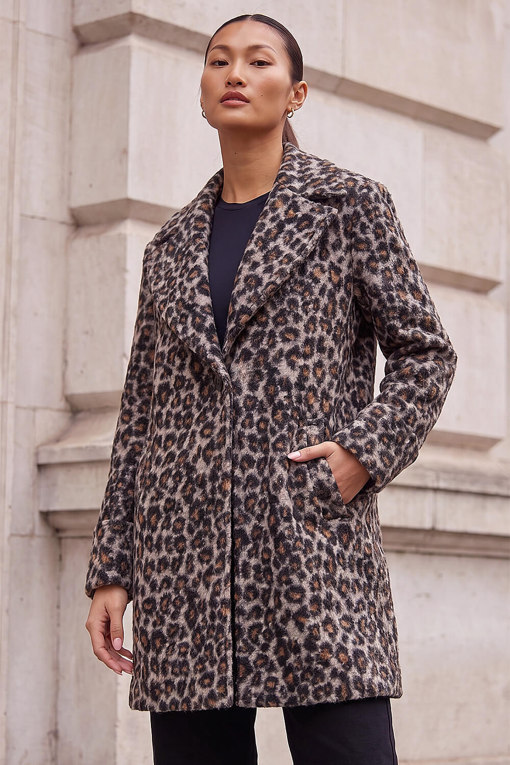 Roman Petite Women's Black Animal Boucle Coat Size 14