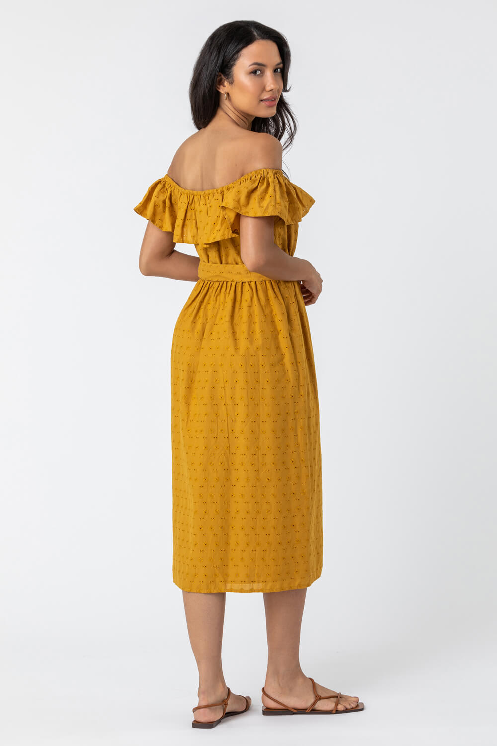 Ochre Broderie Belted Bardot Dress, Image 3 of 5
