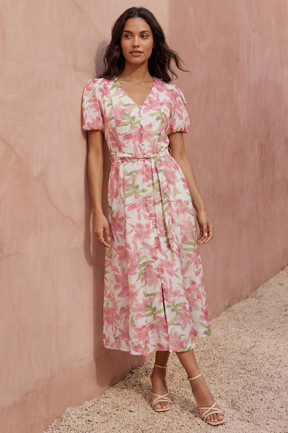 Pink Floral Print Puff Sleeve Midi Dress, Image 1 of 4