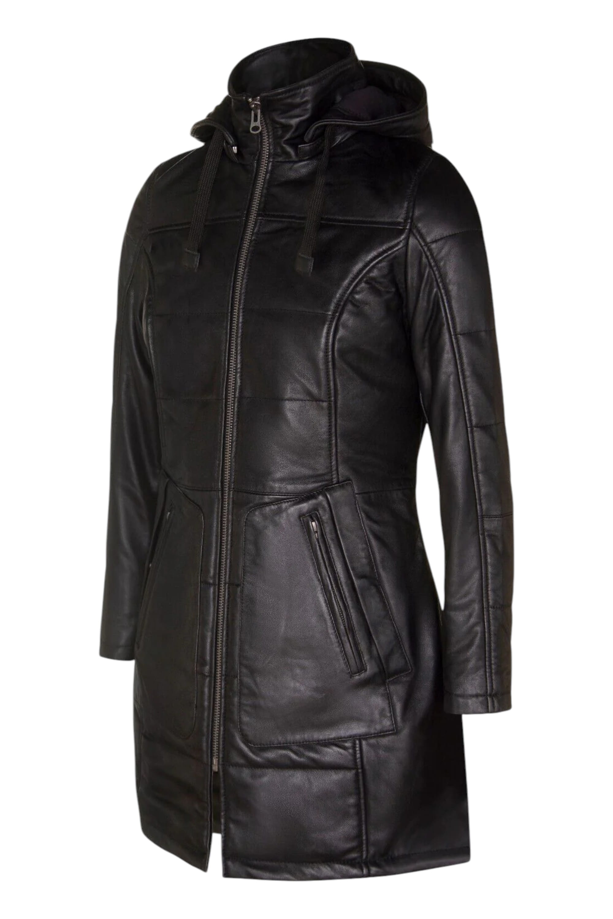 Black Womens Leather Quilted Parka Coat -Allen, Image 4 of 6
