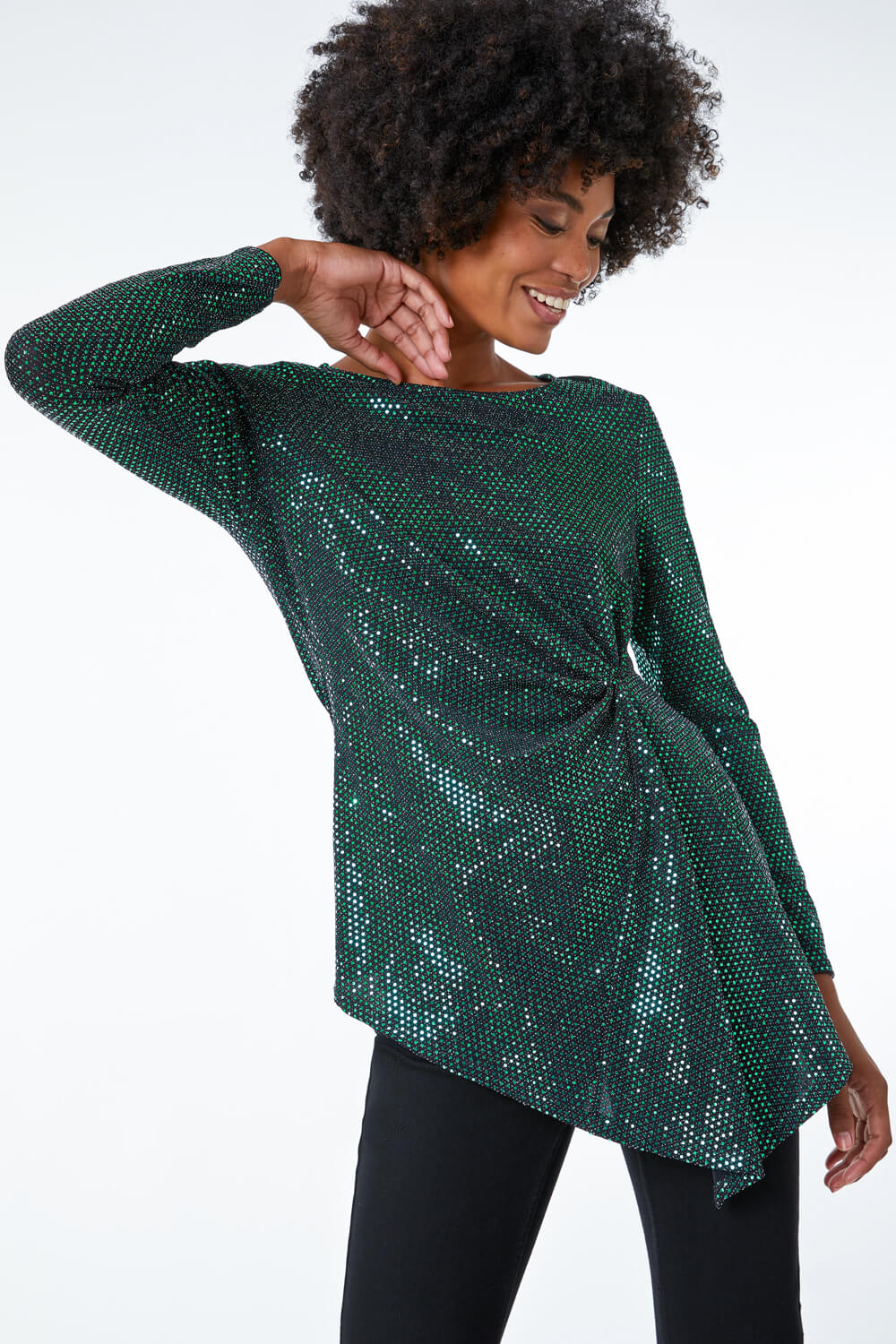 Green Sequin Ruched Waist Jersey Top, Image 3 of 5