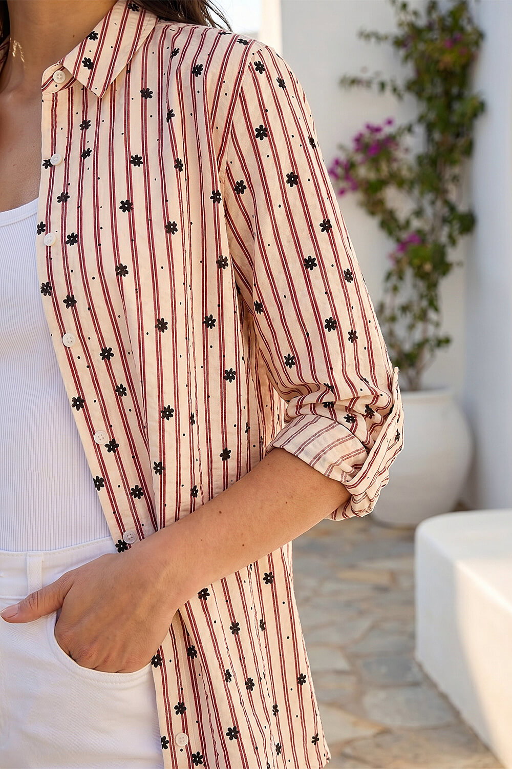 Burgundy Floral Stripe Buttoned Shirt, Image 5 of 4