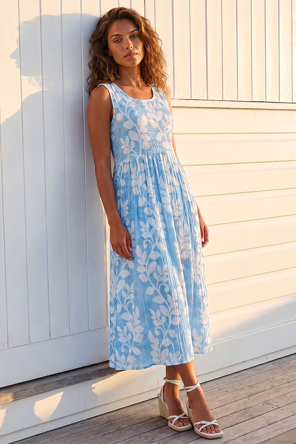 Blue Leaf Print Crinkle Midi Dress, Image 1 of 4