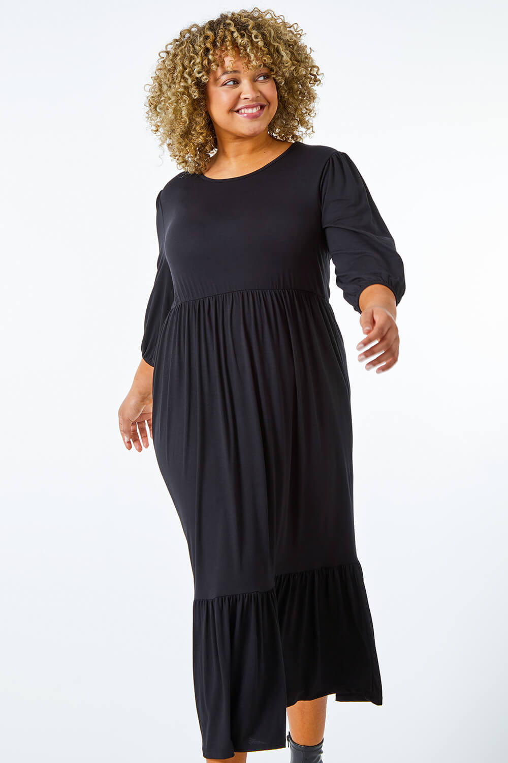 Curve Tiered Stretch Midi Dress in Black - Roman Originals UK