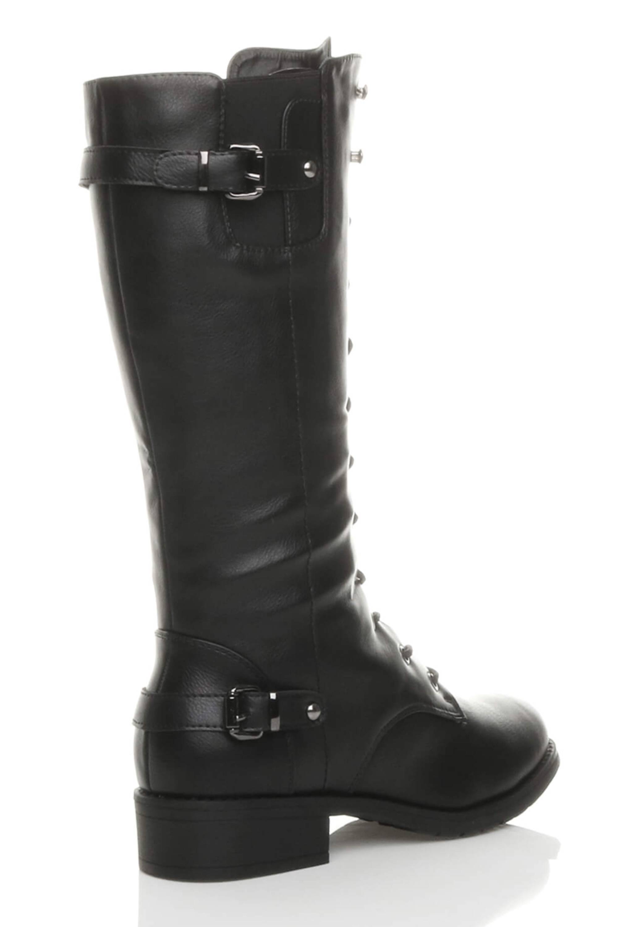 Black Lace Up Calf Military Biker Boots, Image 4 of 6