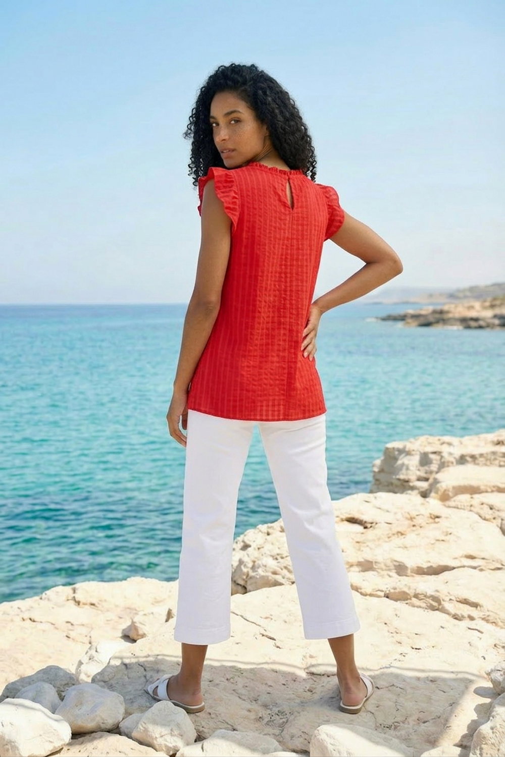 Red Broderie Anglaise Frill Sleeve Top, Image 4 of 4