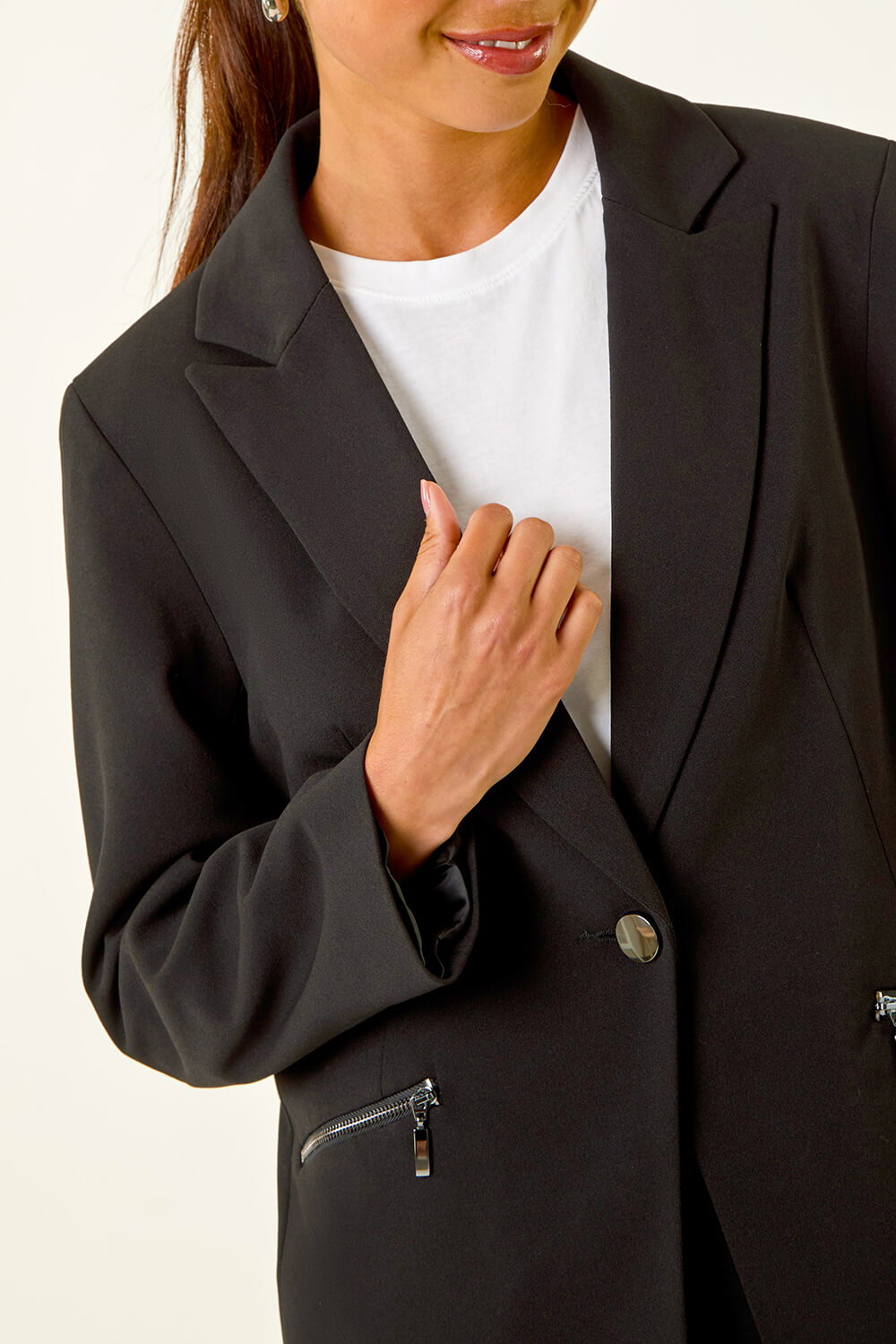 Black Petite Zip Pocket Stretch Blazer, Image 6 of 5