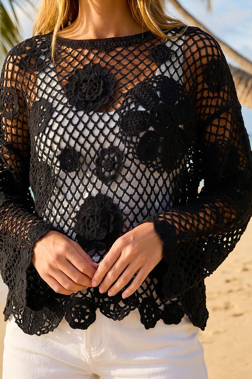 Black Floral Open Crochet Knit Tunic, Image 5 of 4