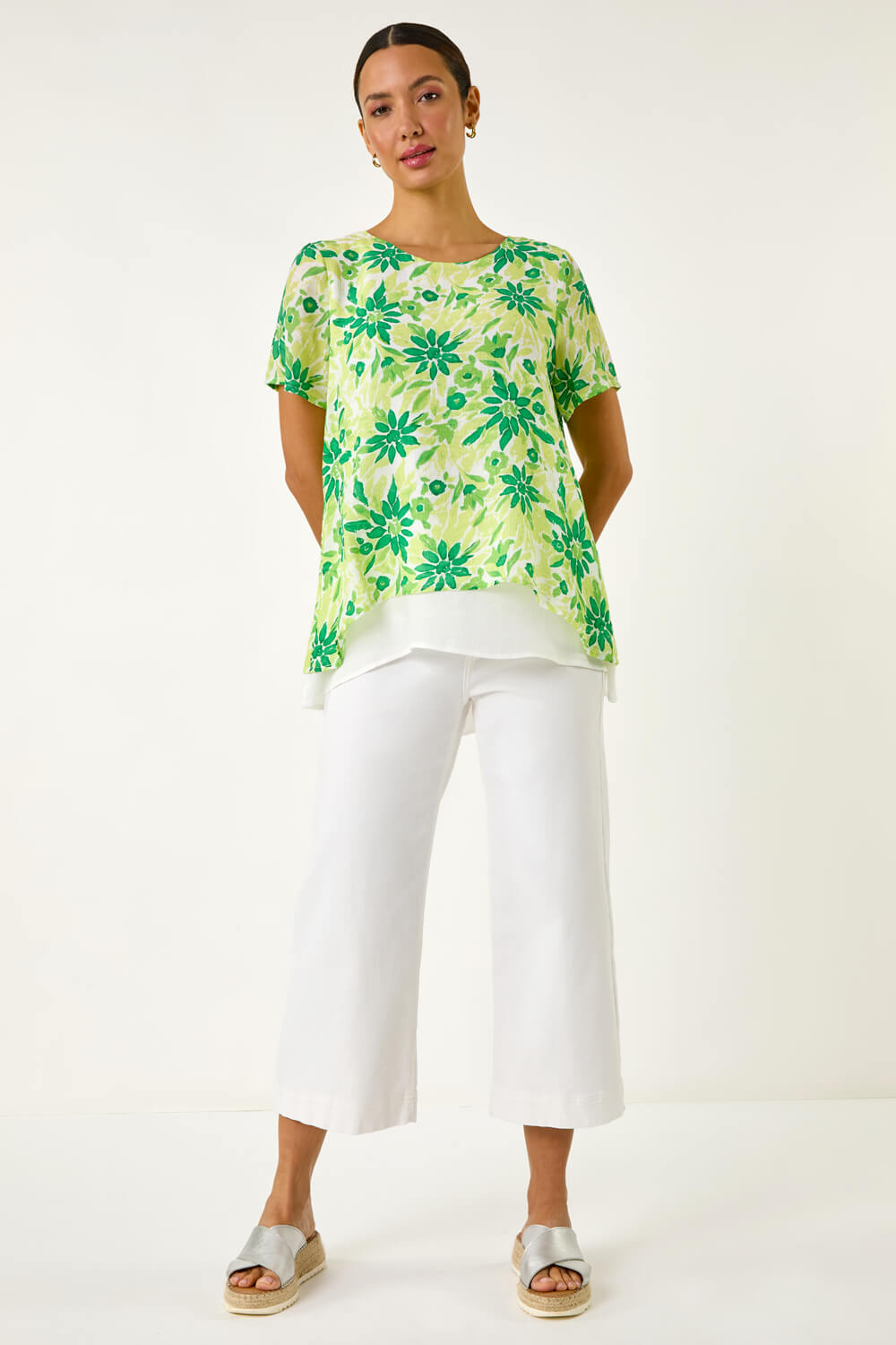 Green Floral Layered Tunic Top, Image 3 of 5
