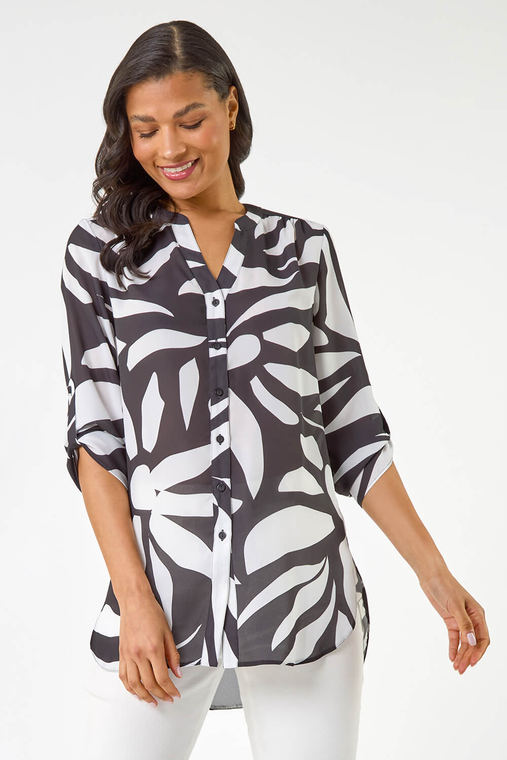 Black Mono Print Button Up Front Blouse, Image 3 of 5