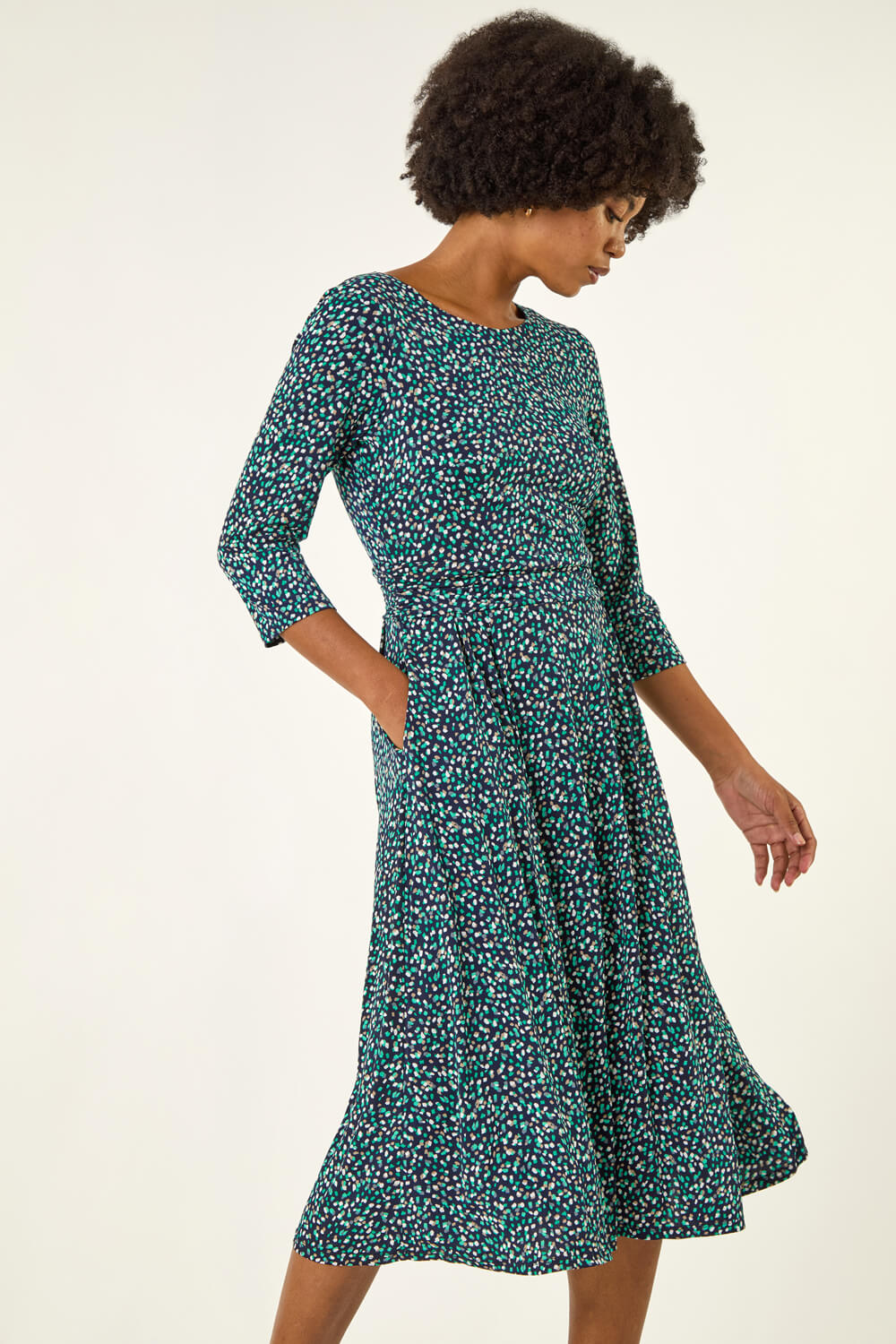 Roman Women's Green Abstract Print Gathered Stretch Midi Dress Size 20