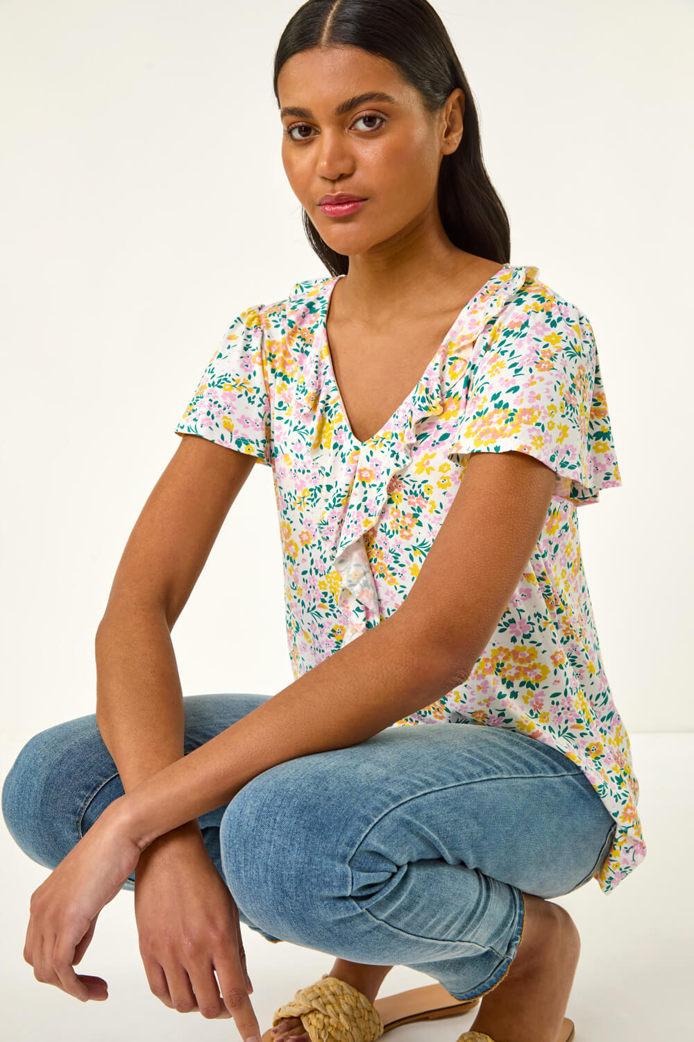 White Floral Print Ruffle V-Neck Top, Image 1 of 5